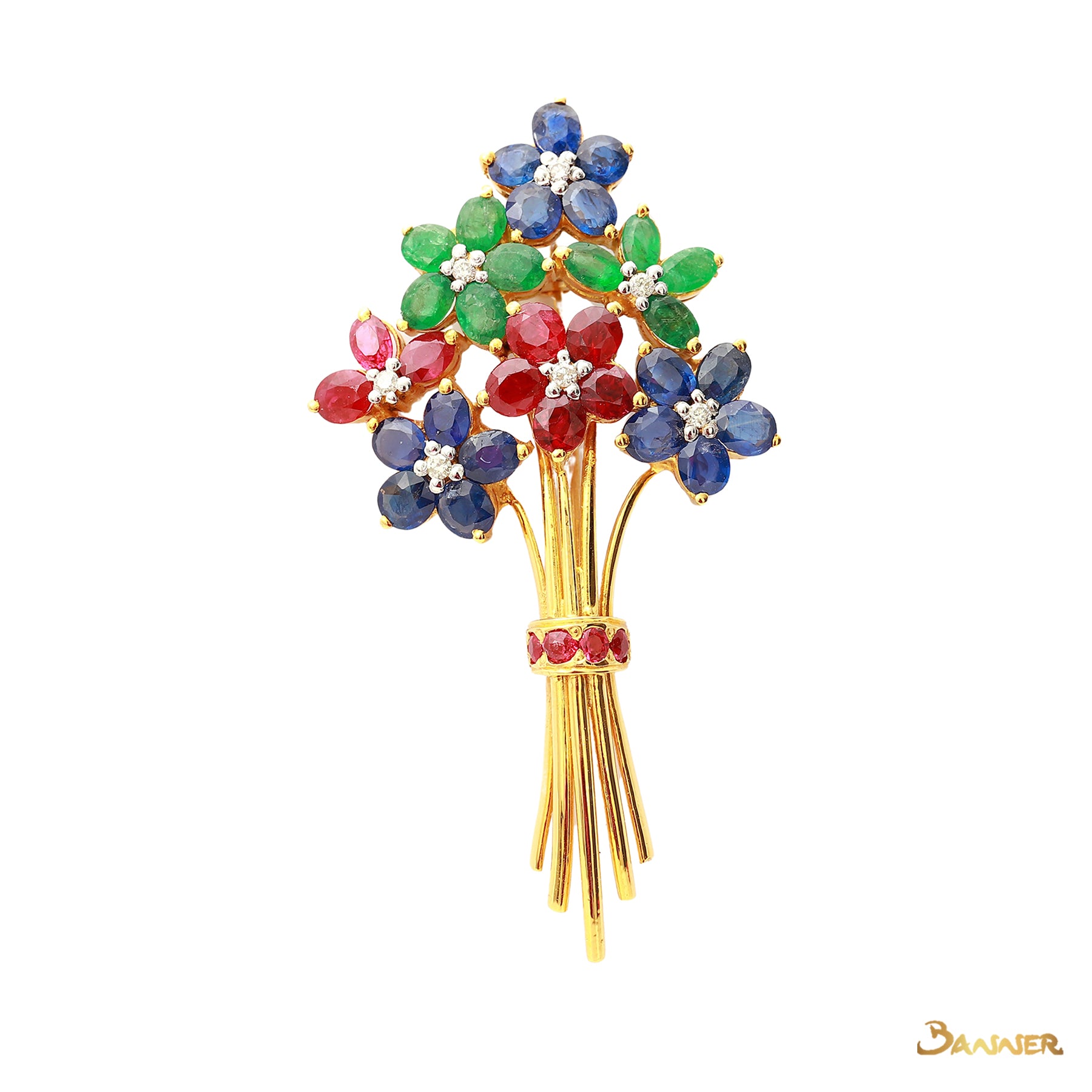 Ruby ,Sapphire and Emerald and Diamond Flower Brooch