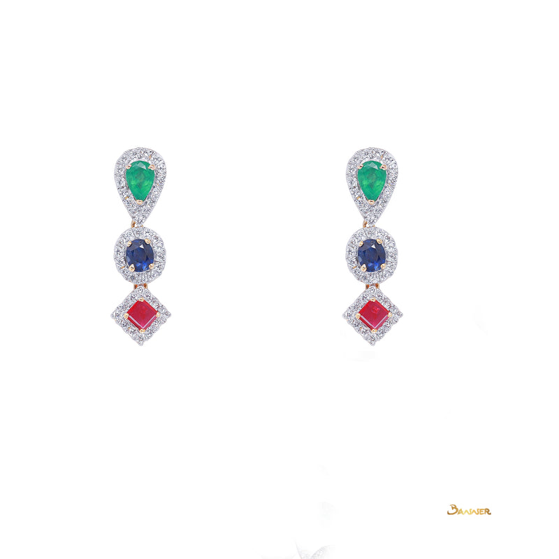 Ruby, Sapphire and Emerald Halo Dangle Earrings