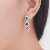 Ruby, Sapphire and Emerald Halo Dangle Earrings