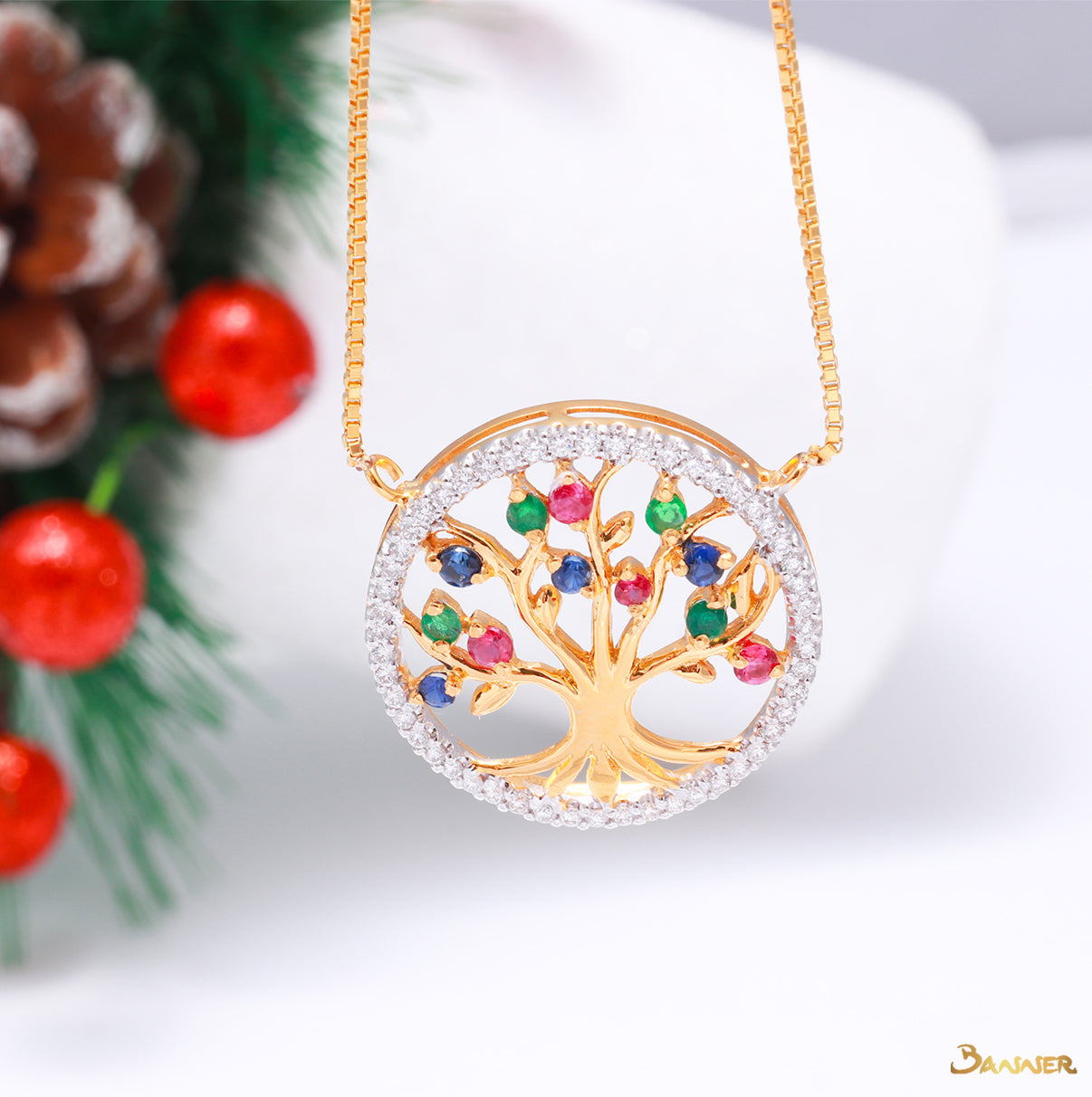 Ruby, Emerald, Sapphire and Diamond Tree-of-Life Necklace