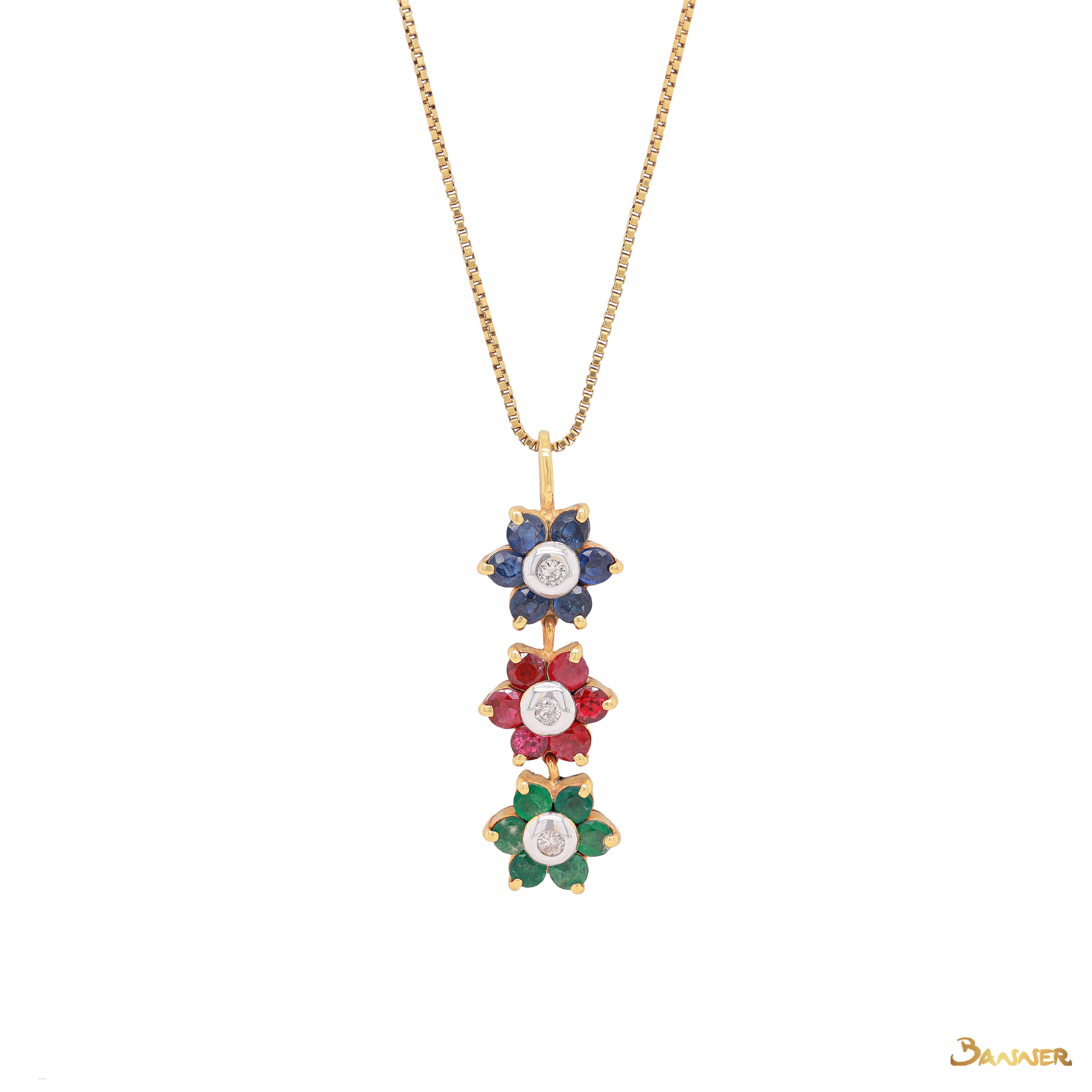 Ruby -Sapphire- Emerald and Diamond Flower Pendant