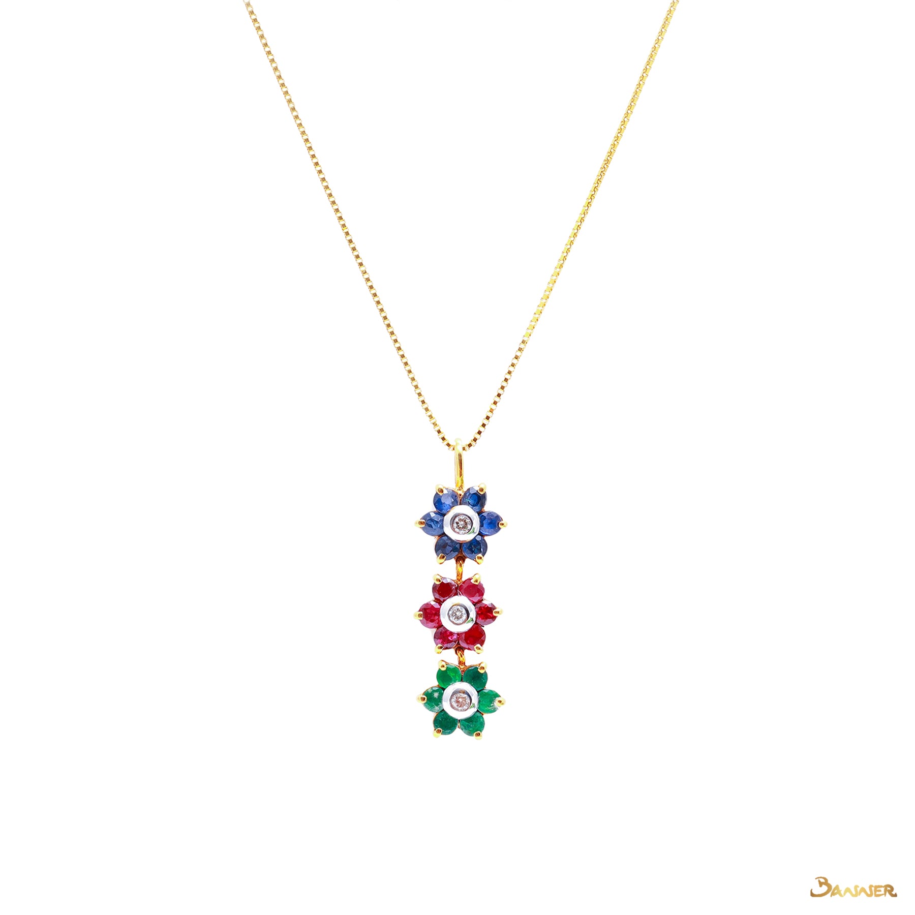 Ruby -Sapphire- Emerald and Diamond Flower Pendant