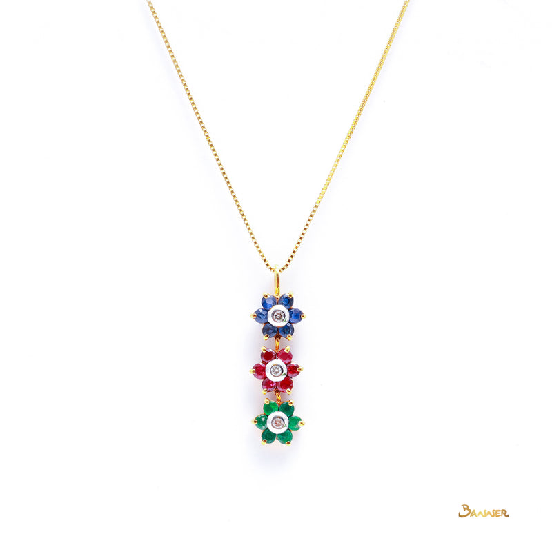 Ruby -Sapphire- Emerald and Diamond Flower Pendant