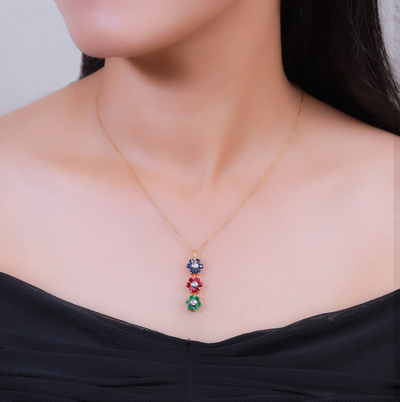 Ruby -Sapphire- Emerald and Diamond Flower Pendant