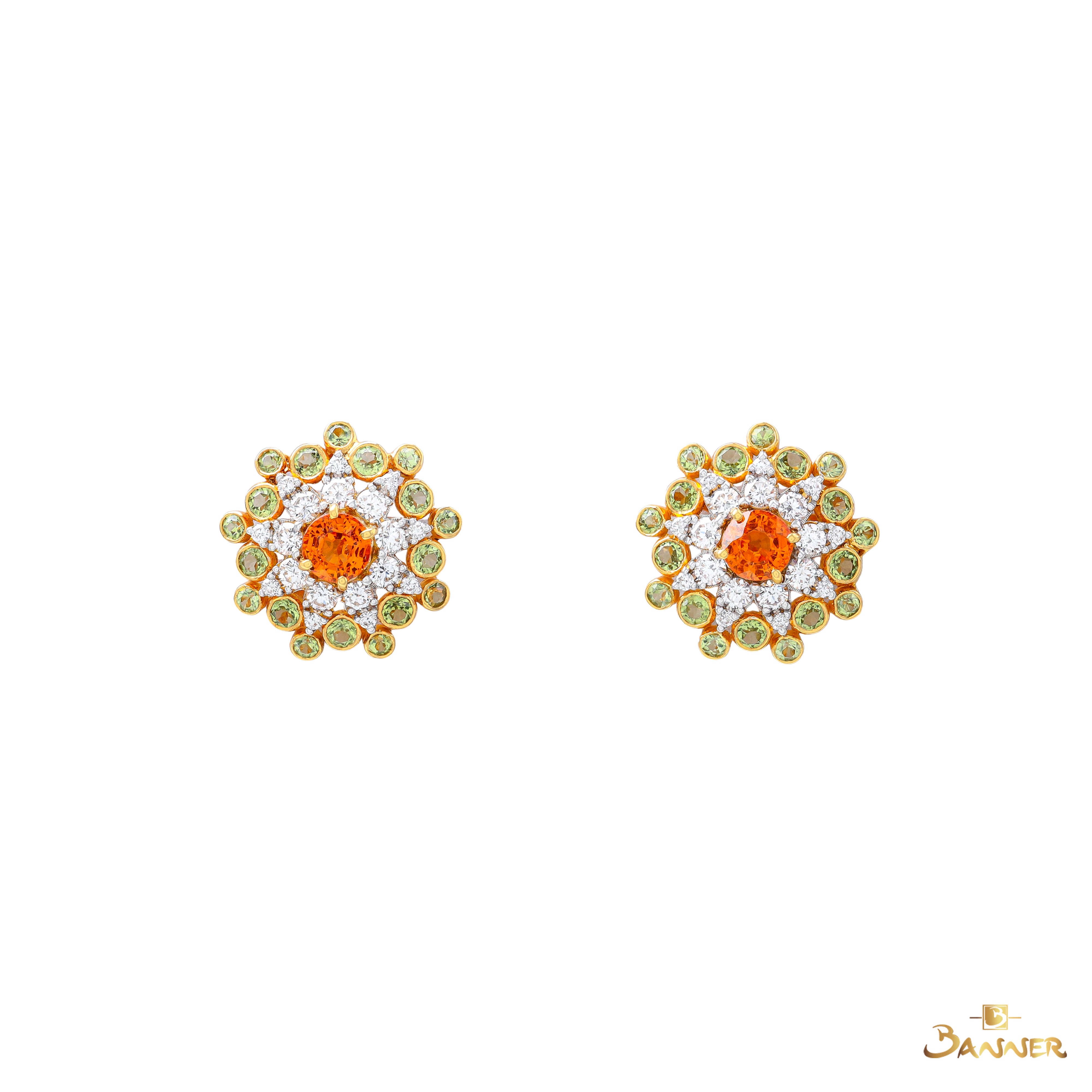 Spessartine Garnet , Peridot and Diamond Padauk Blossom Earrings