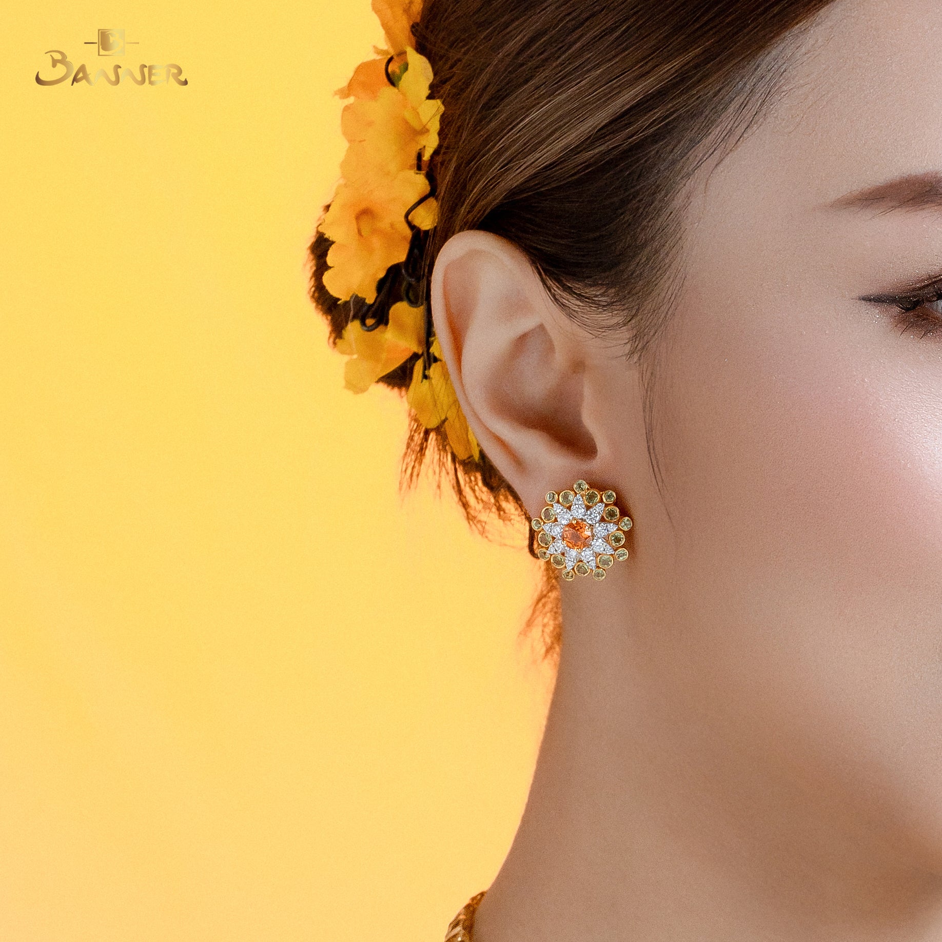 Spessartine Garnet , Peridot and Diamond Padauk Blossom Earrings