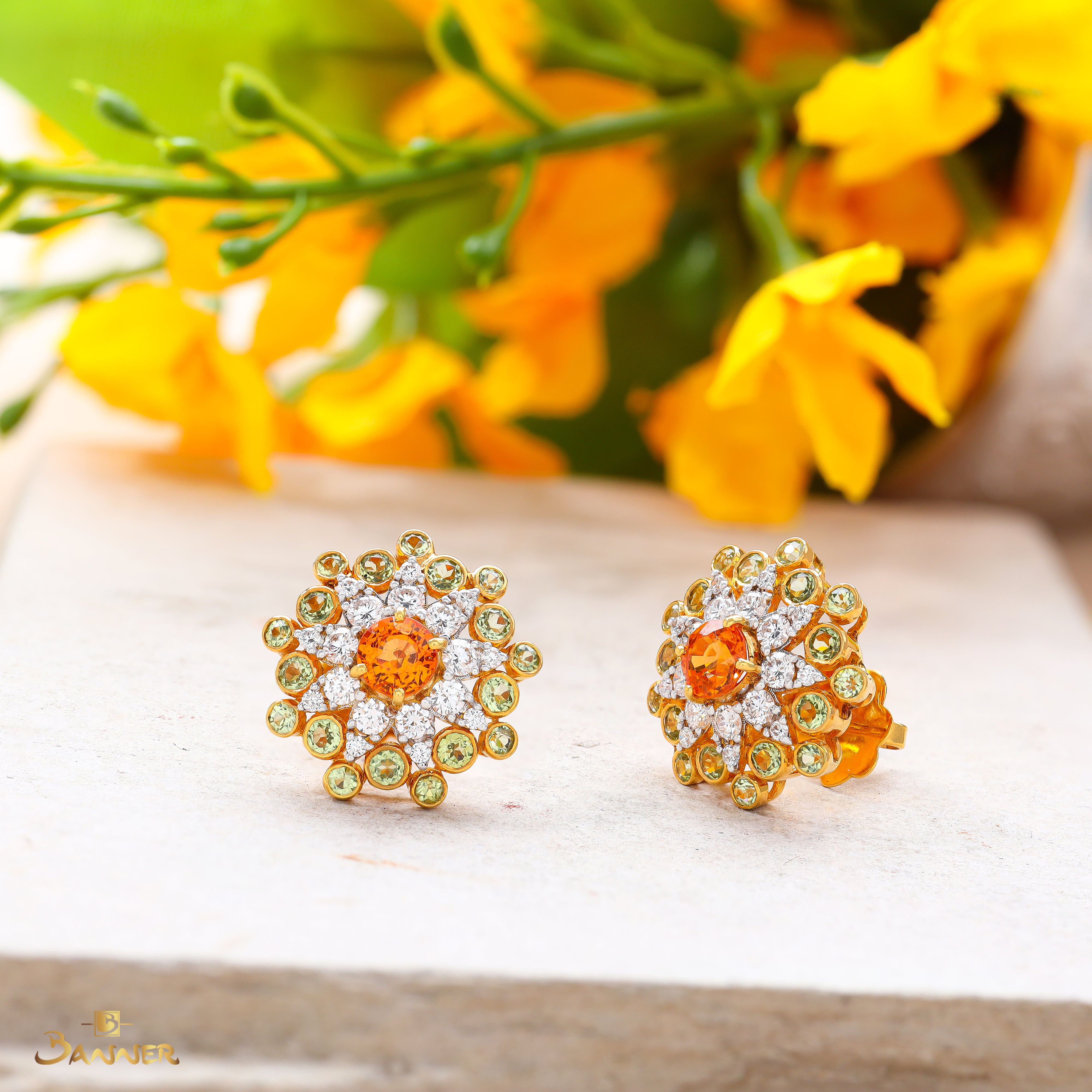 Spessartine Garnet , Peridot and Diamond Padauk Blossom Earrings
