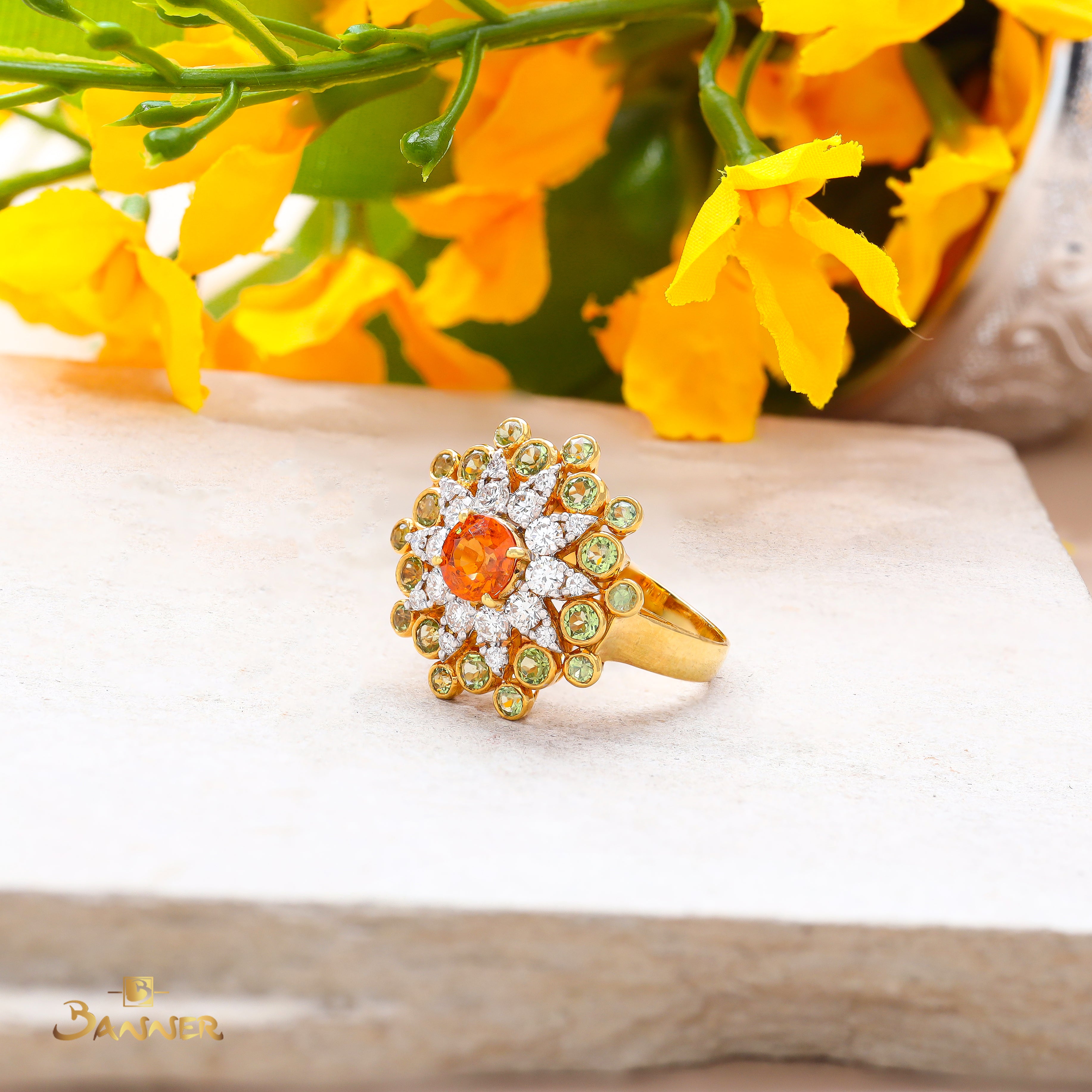 Spessartine Garnet , Peridot and Diamond Padauk Blossom Ring