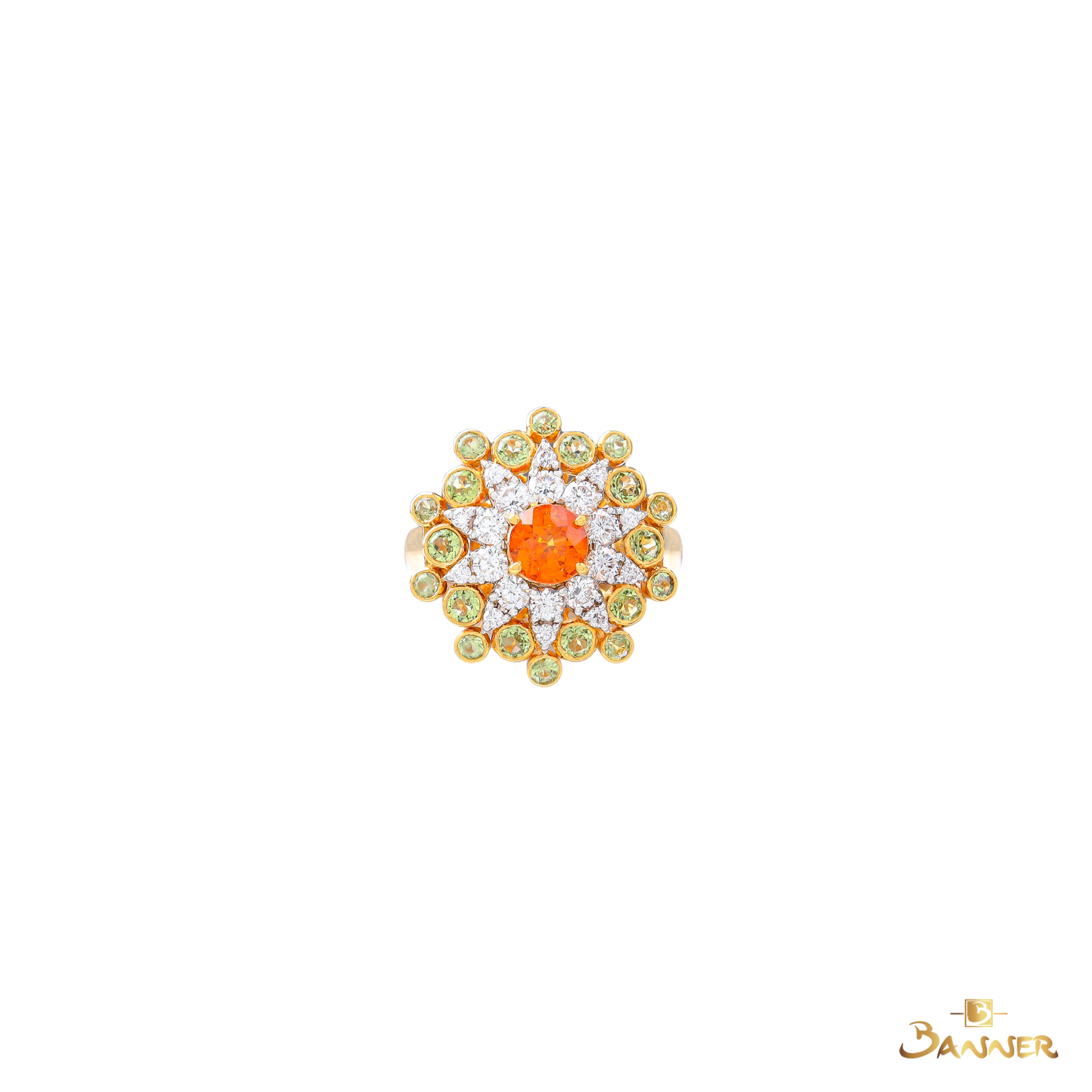 Spessartine Garnet , Peridot and Diamond Padauk Blossom Ring