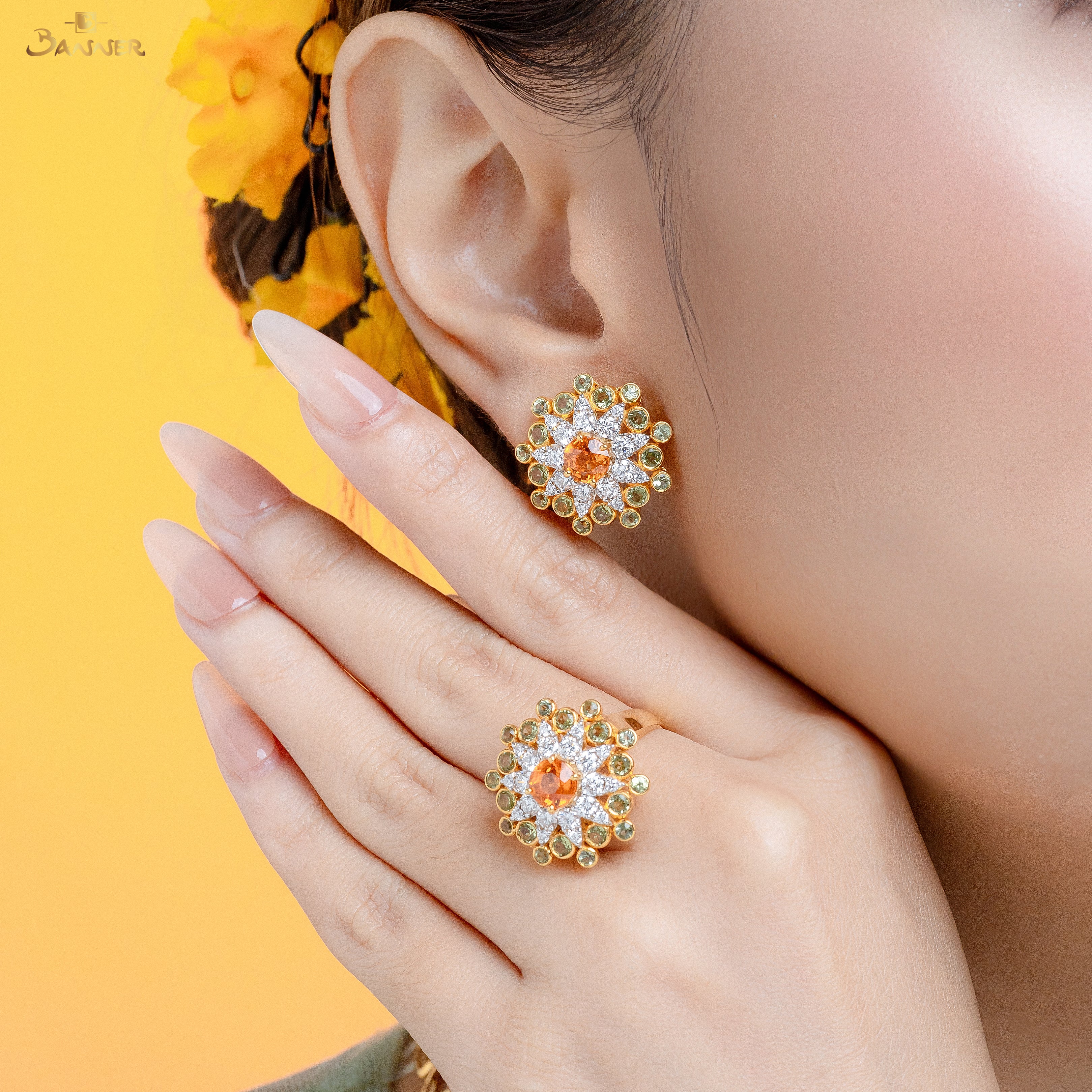 Spessartine Garnet , Peridot and Diamond Padauk Blossom Ring