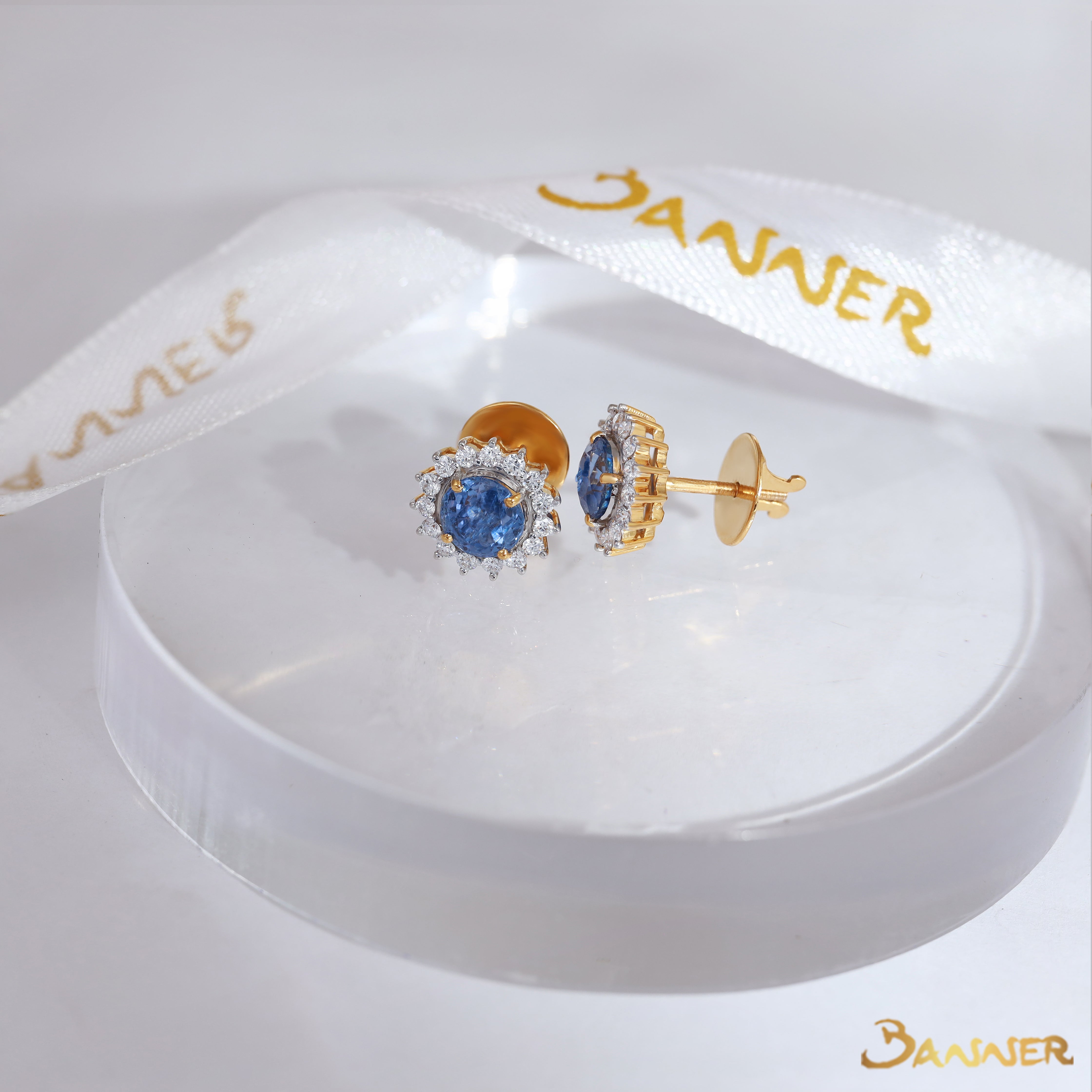 Light Blue Sapphire and Diamond Sunflower Earrings