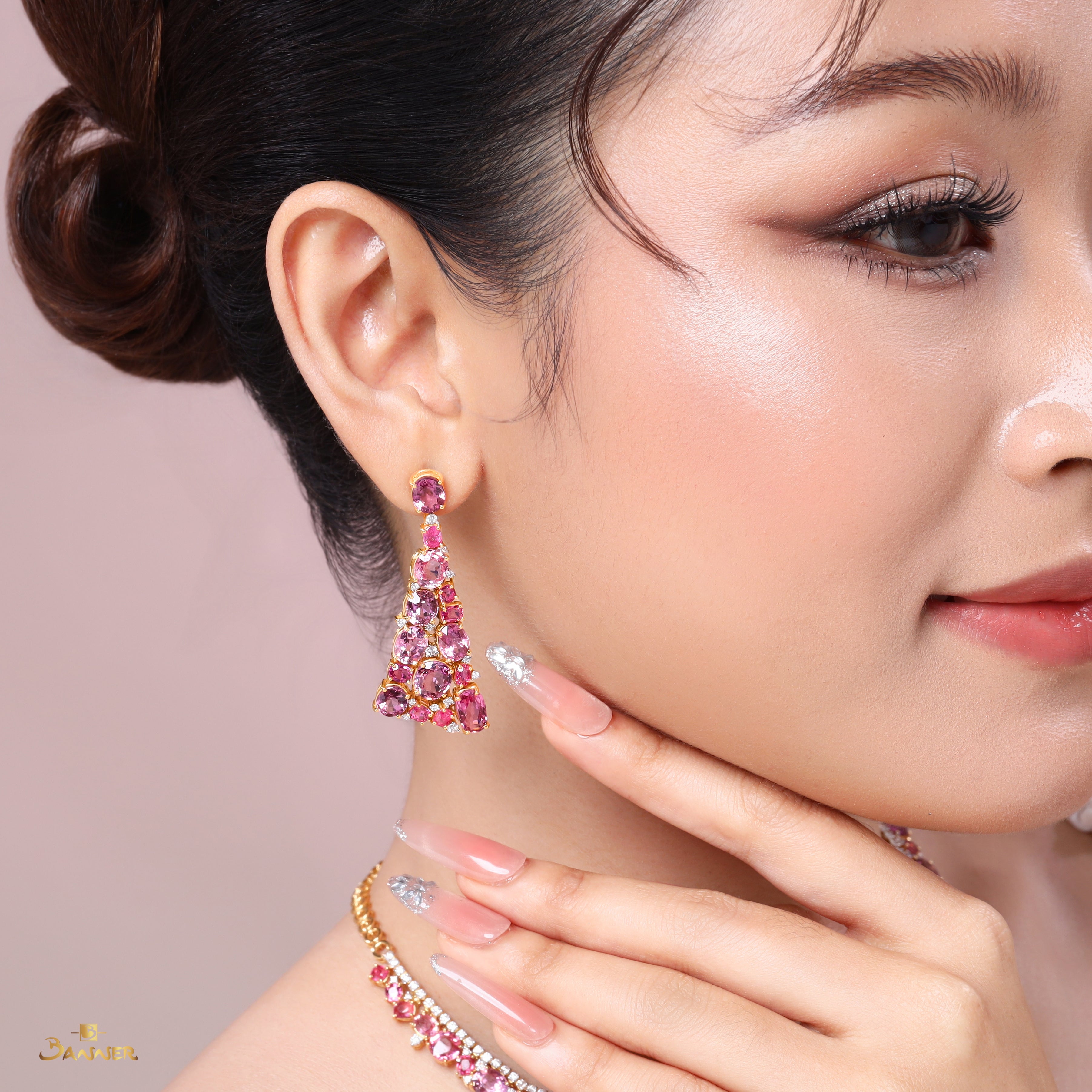 Spinel and Diamond Floral Drop Earrings