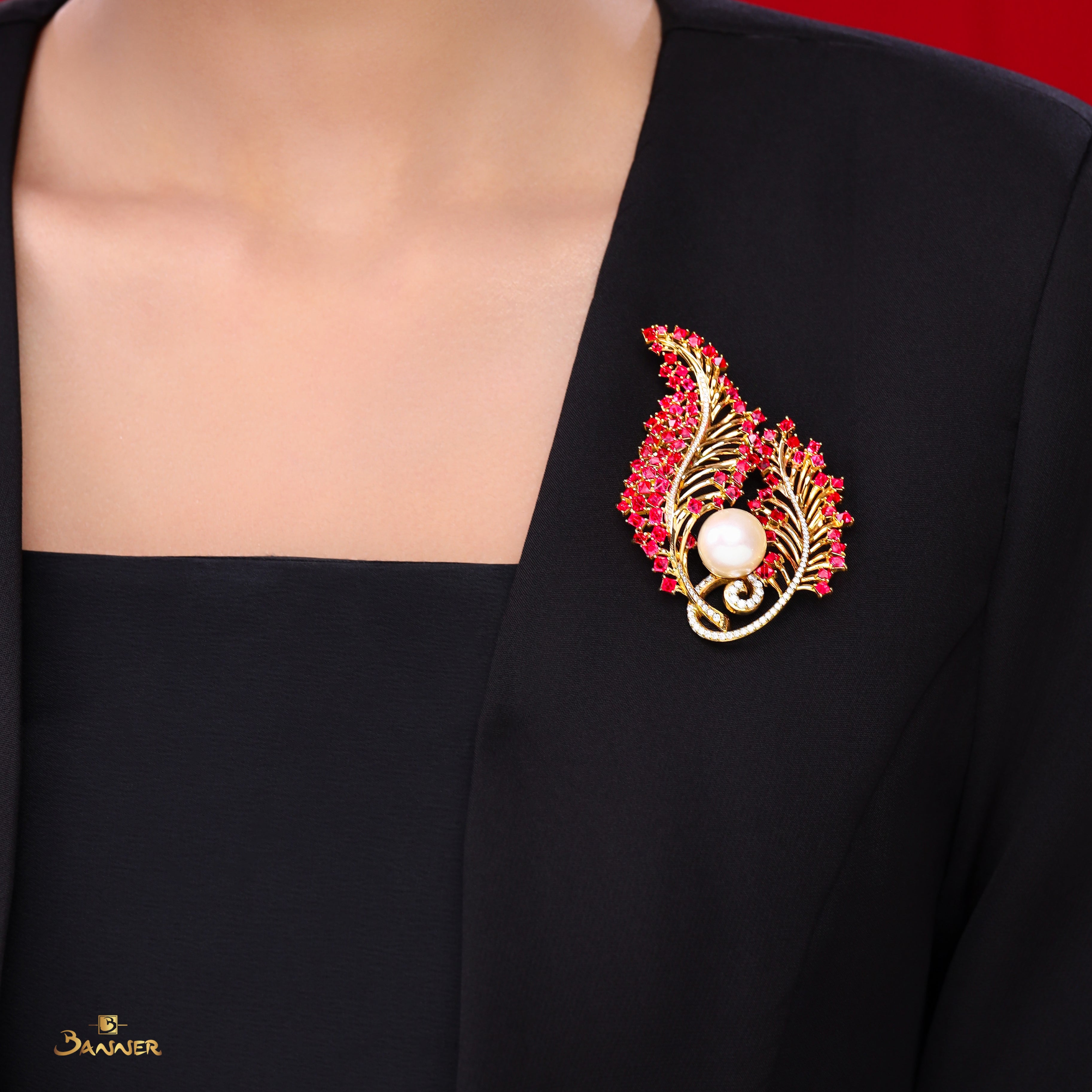 Spinel , Pearl and Diamond Brooch