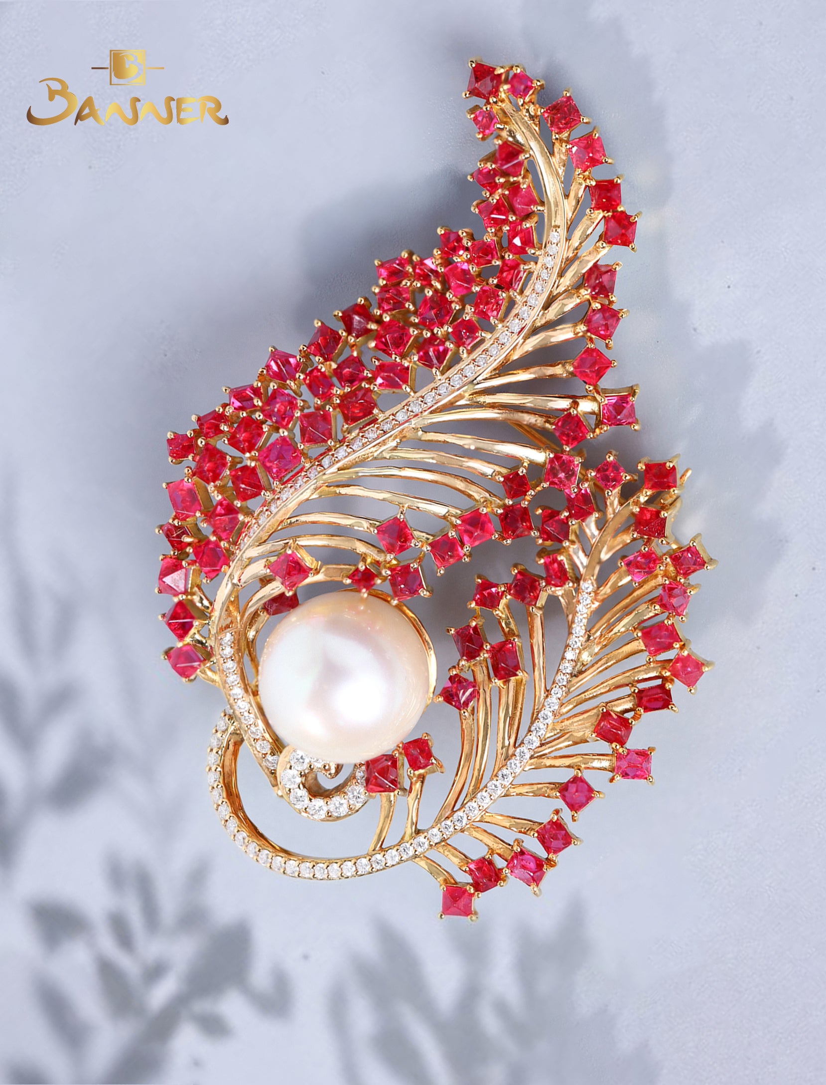 Spinel , Pearl and Diamond Brooch