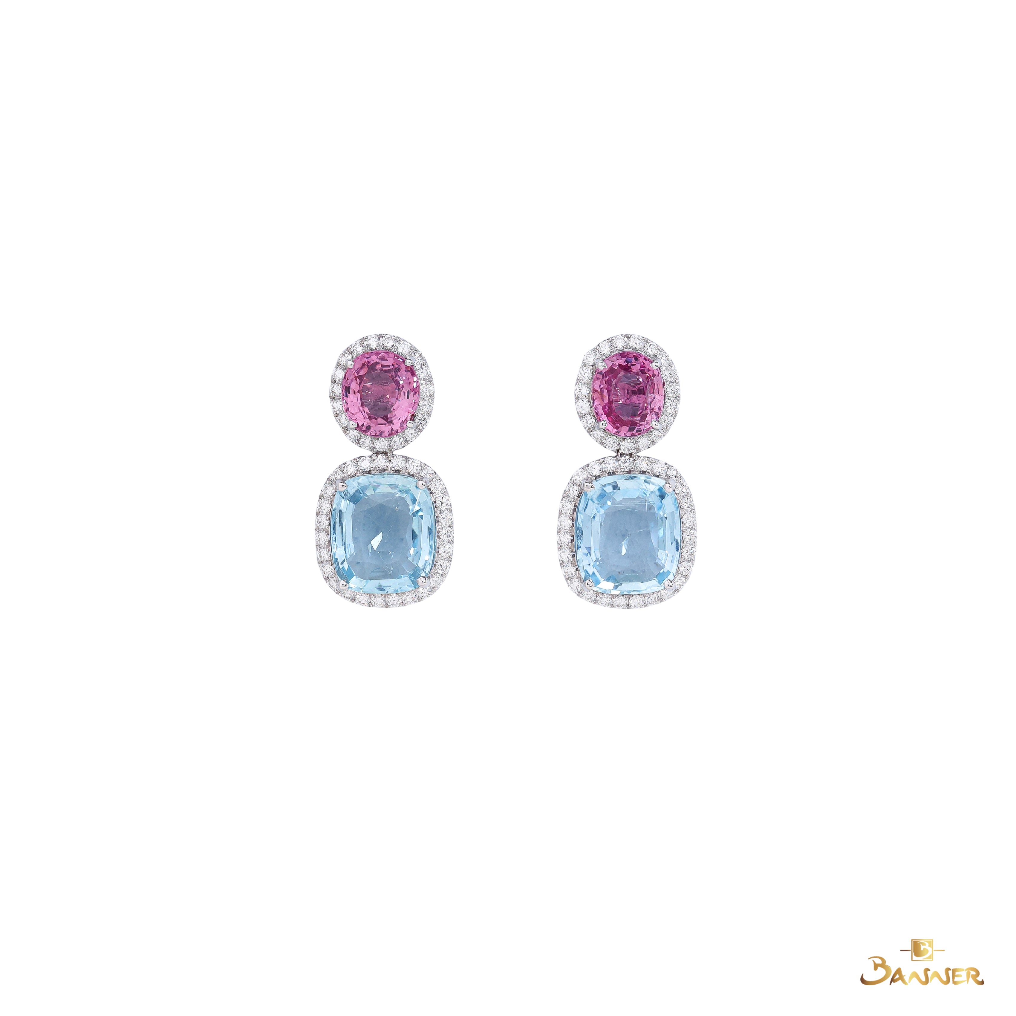 Spinel , Aquamarine and Diamond Halo 2-step Earrings