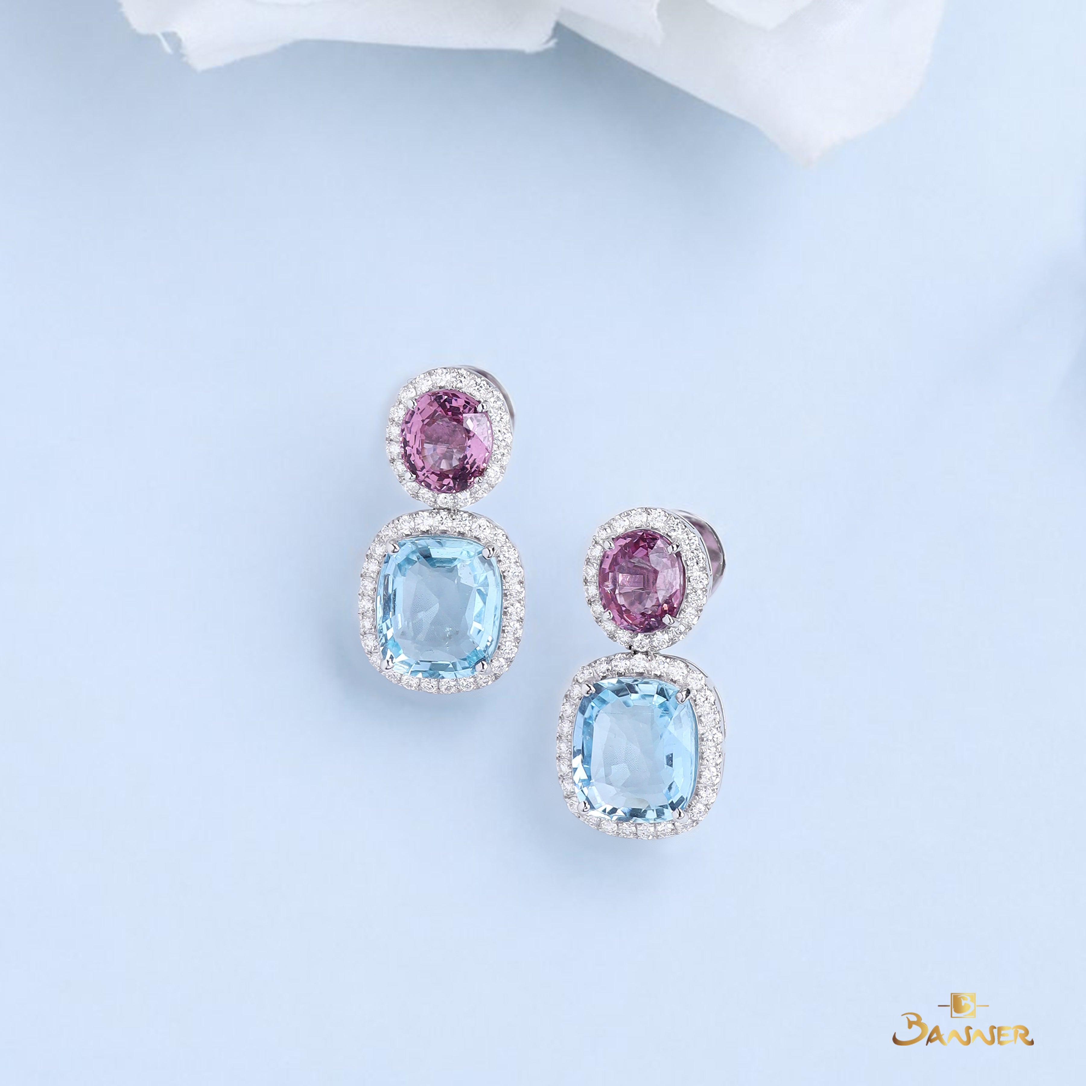 Spinel , Aquamarine and Diamond Halo 2-step Earrings