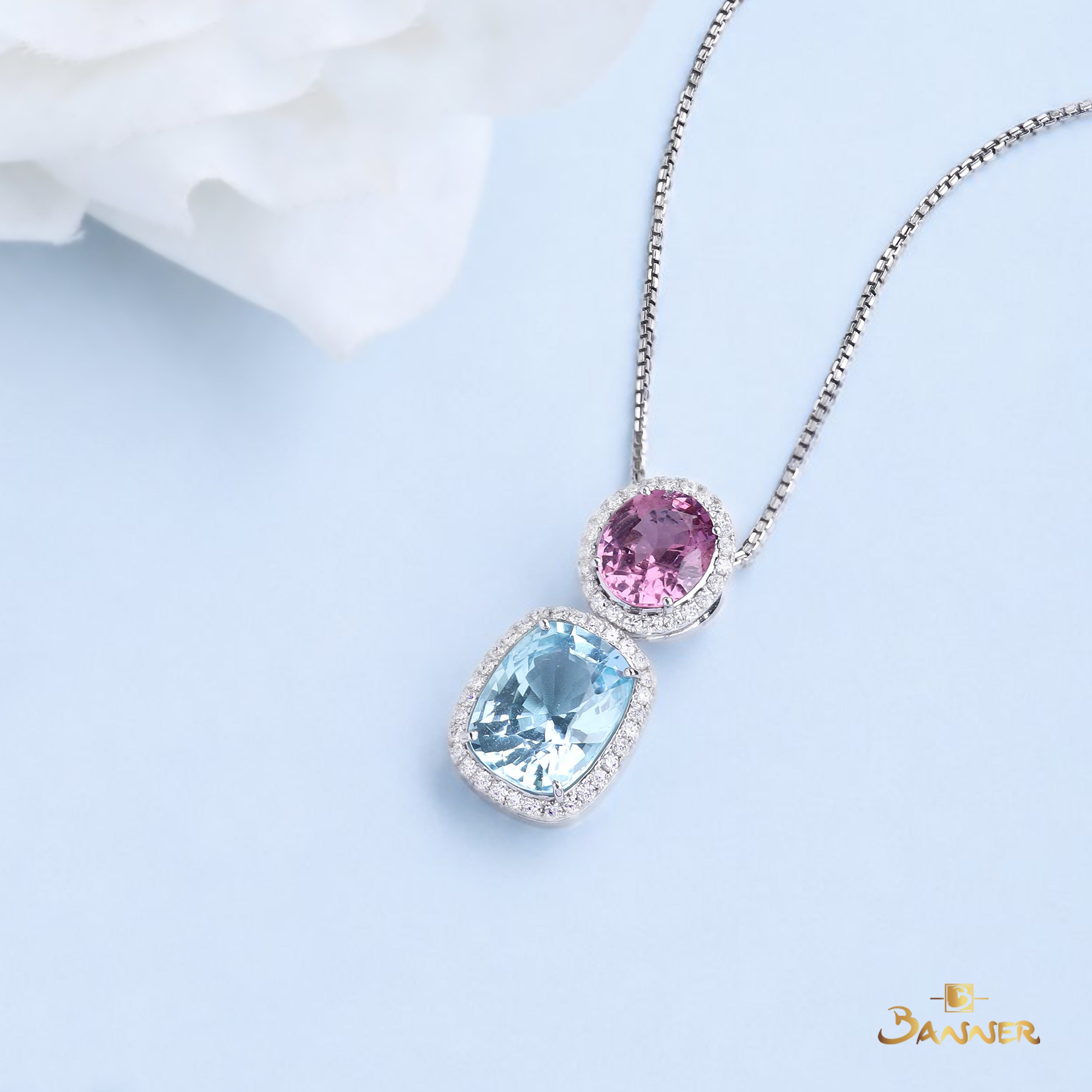 Spinel , Aquamarine and Diamond Halo 2-step Pendant
