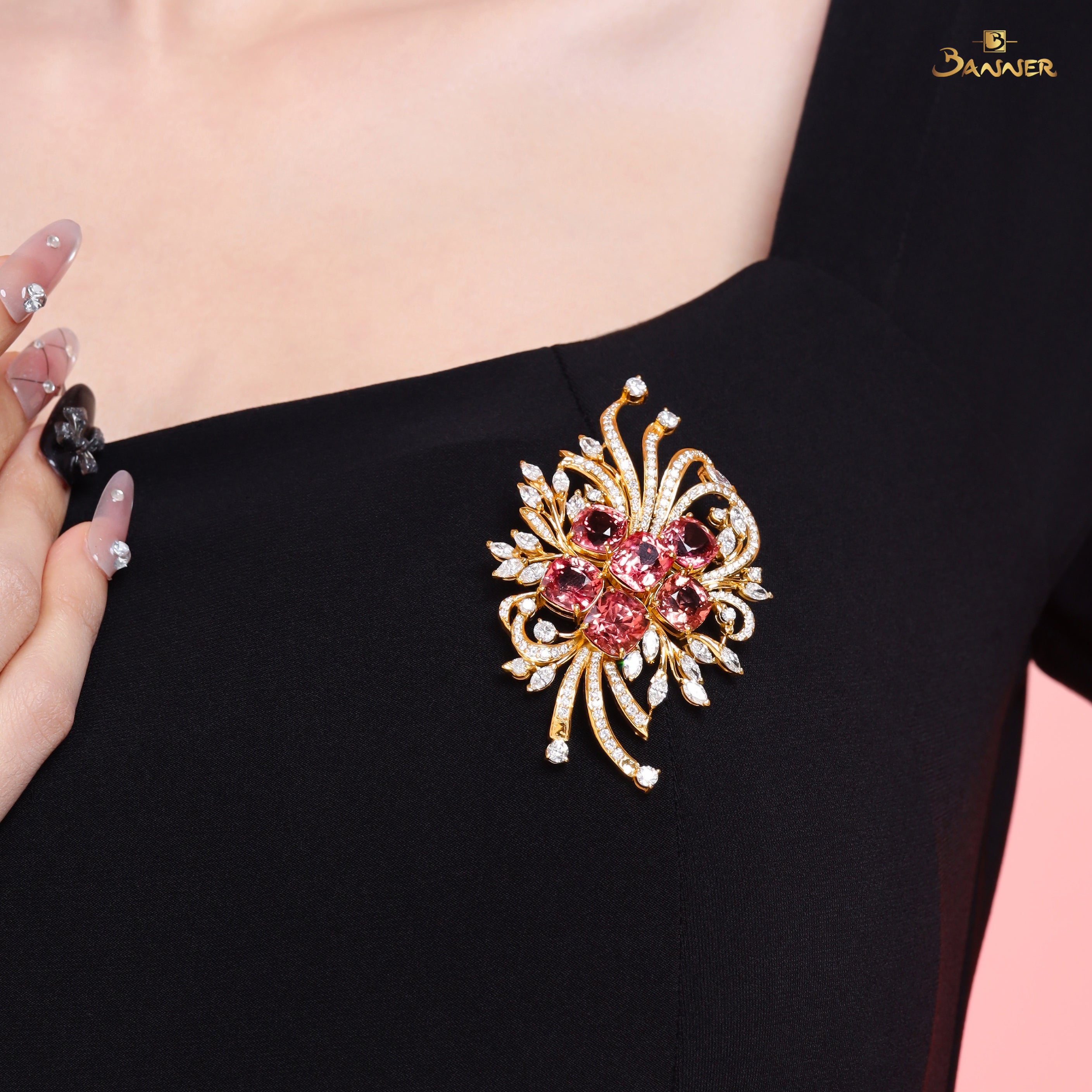 Tourmaline and Diamond Floral Brooch