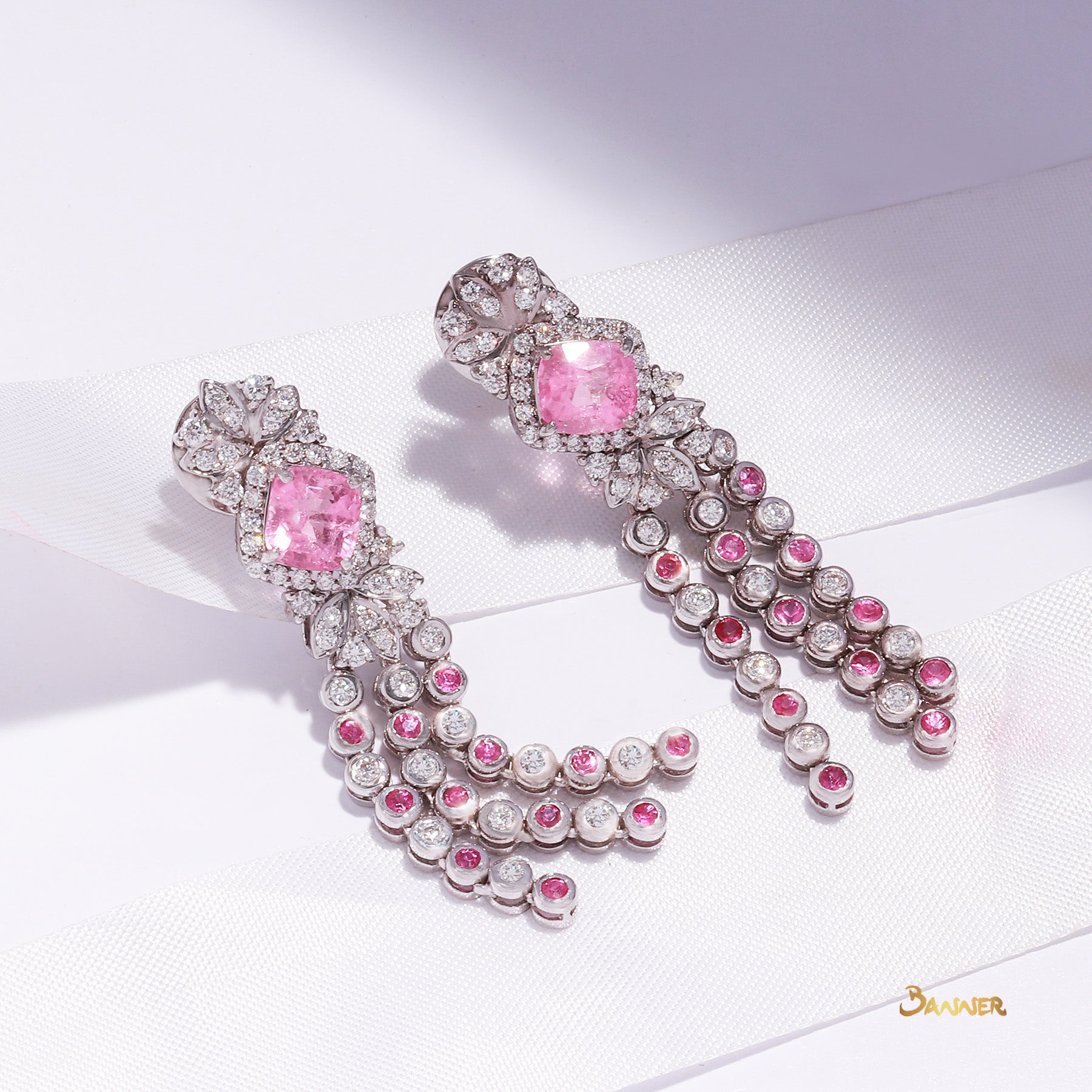 Pink Tourmaline , Pink Sapphire and Diamond Double Halo Dangling Earrings