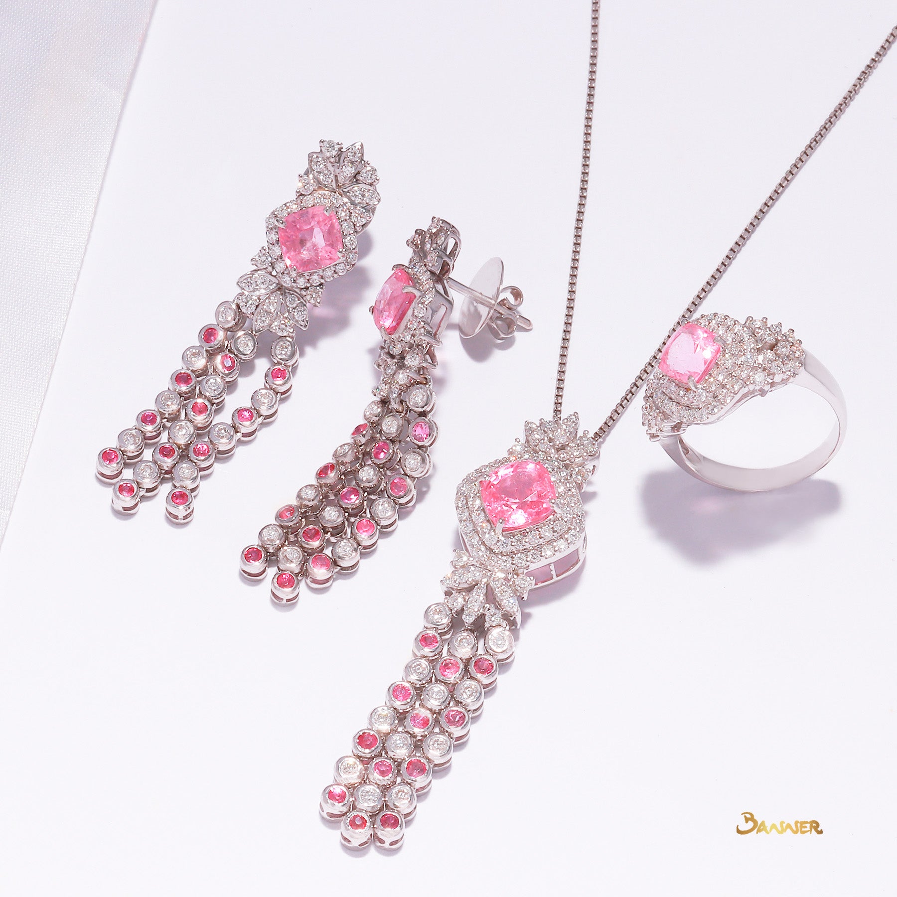 Pink Tourmaline , Pink Sapphire and Diamond Double Halo Dangling Set