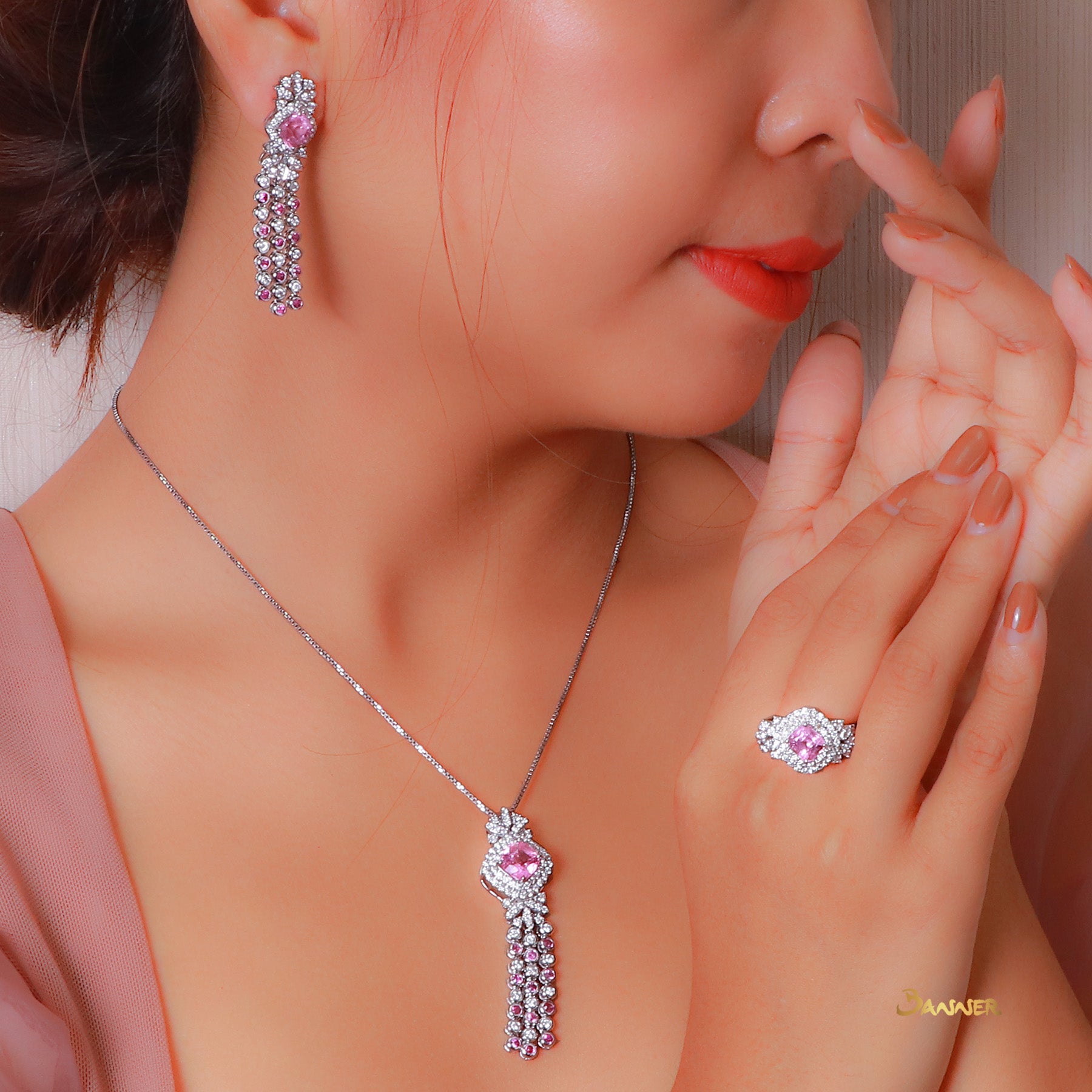 Pink Tourmaline , Pink Sapphire and Diamond Double Halo Dangling Set