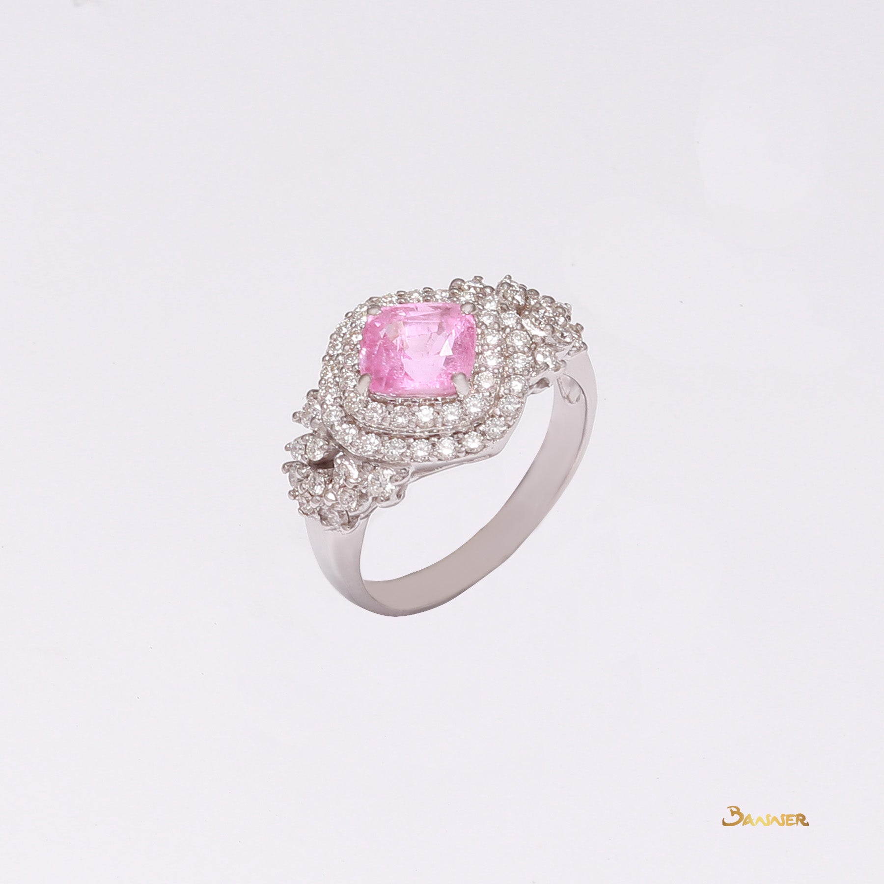 Pink Tourmaline and Diamond Double Halo Ring