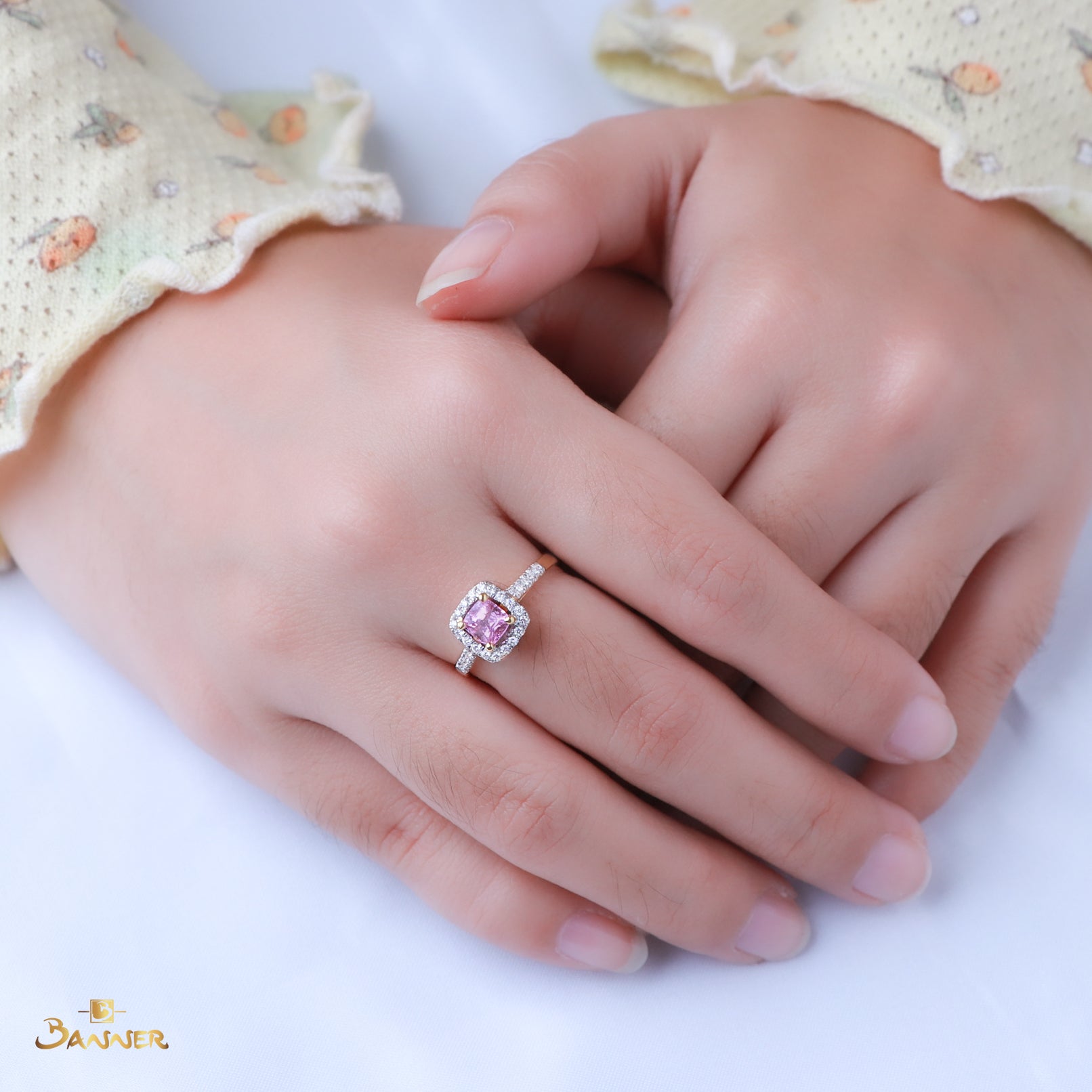 Pink Tourmaline and Diamond Halo Ring