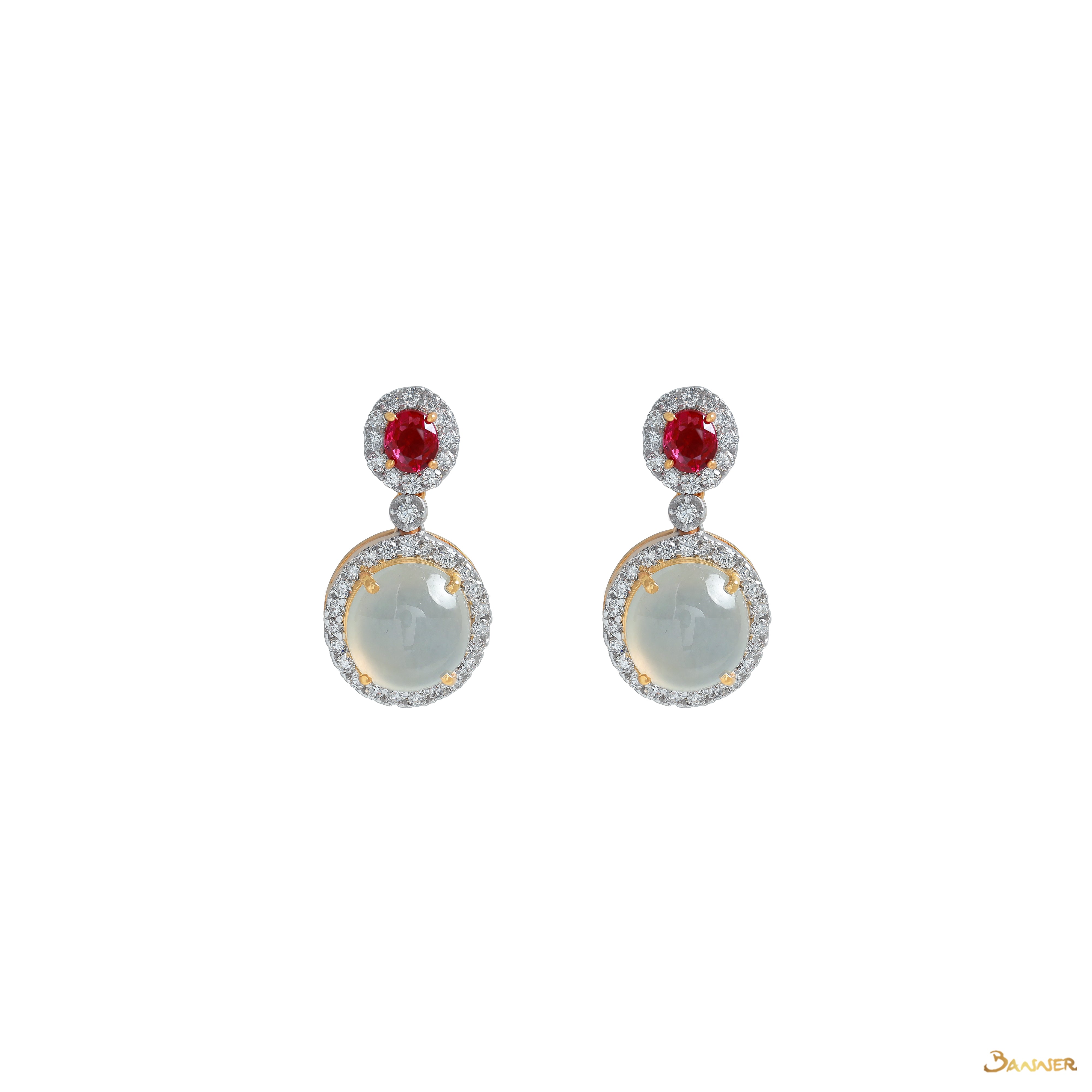 White Jade , Ruby and Diamond Halo Earrings