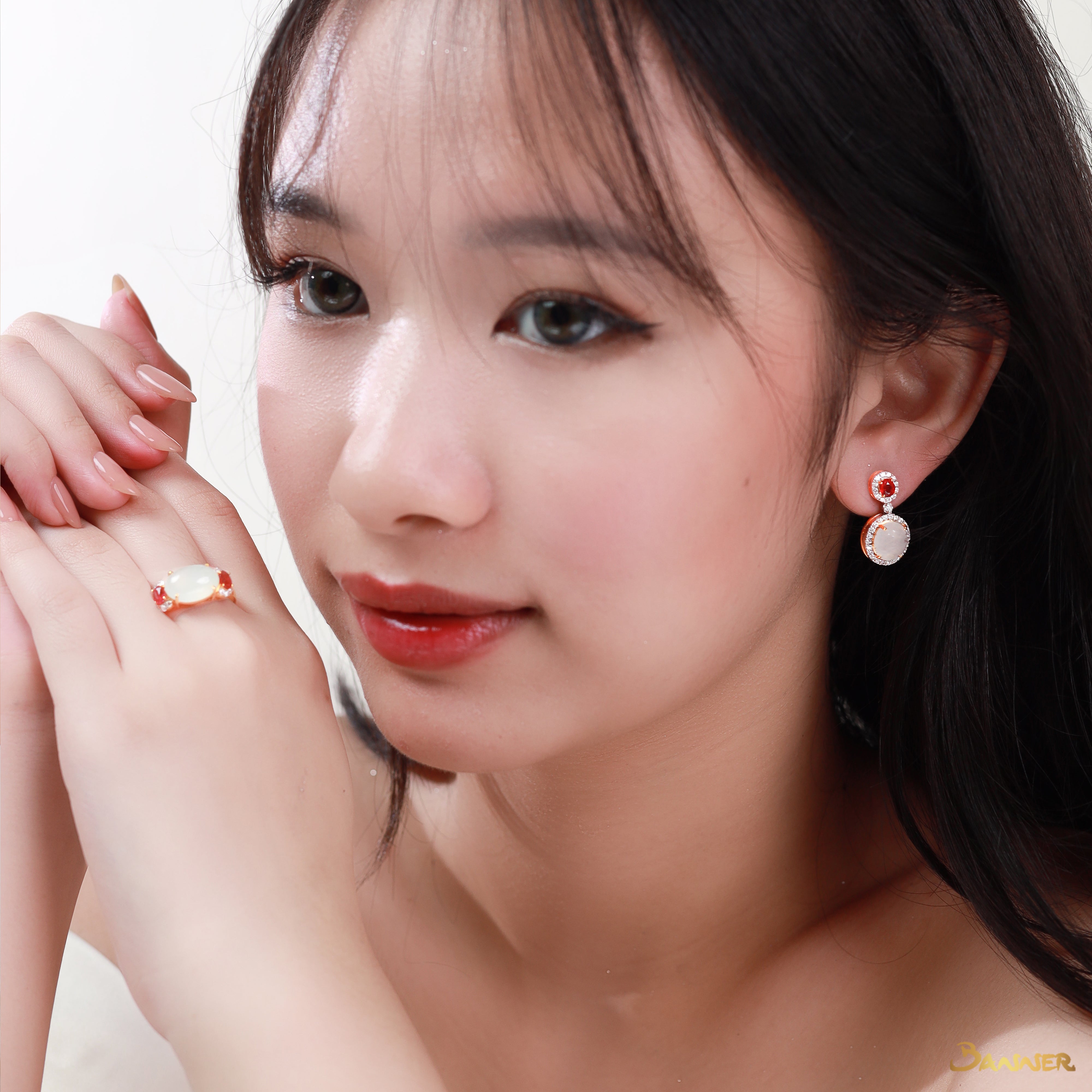 White Jade , Ruby and Diamond Halo Earrings