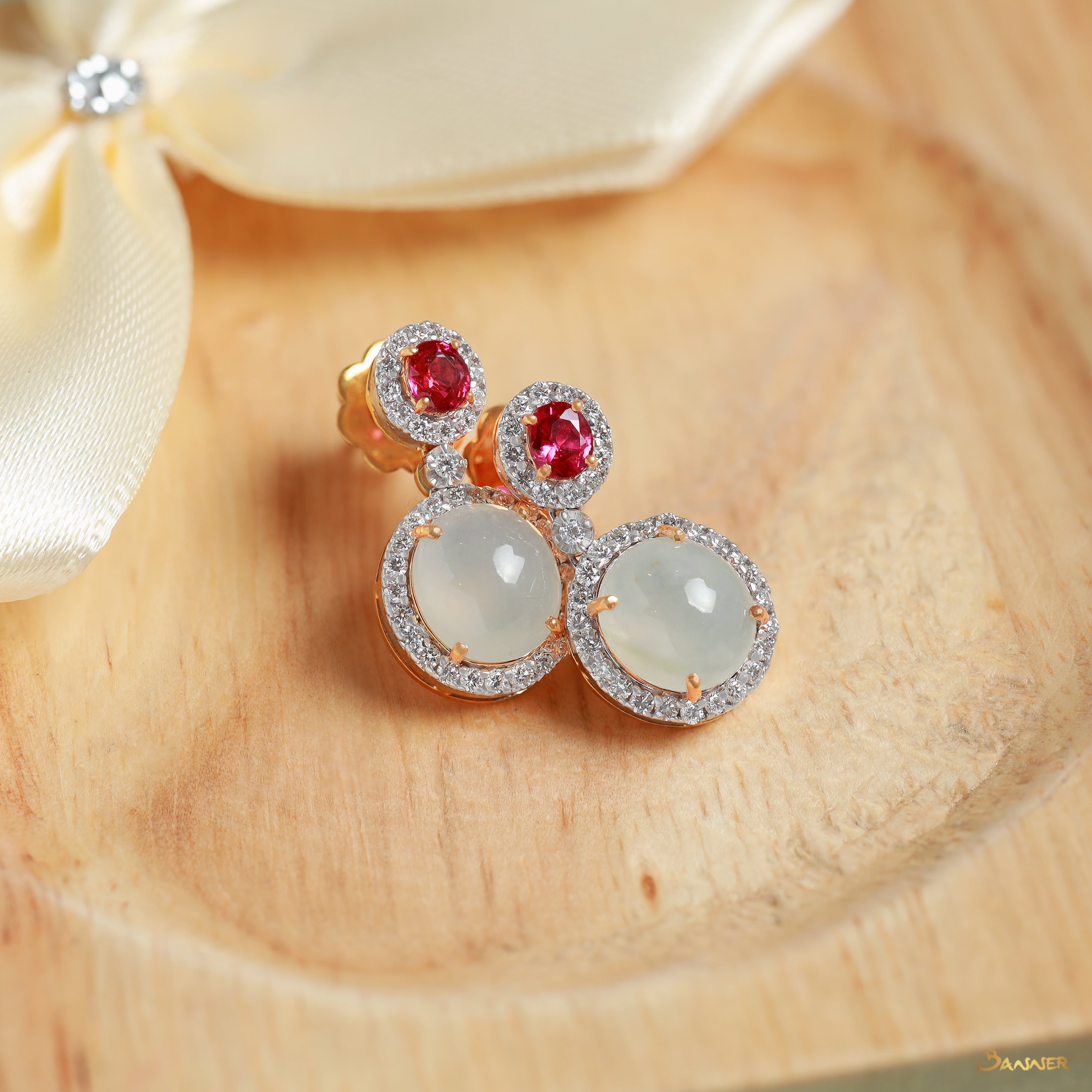 White Jade , Ruby and Diamond Halo Earrings