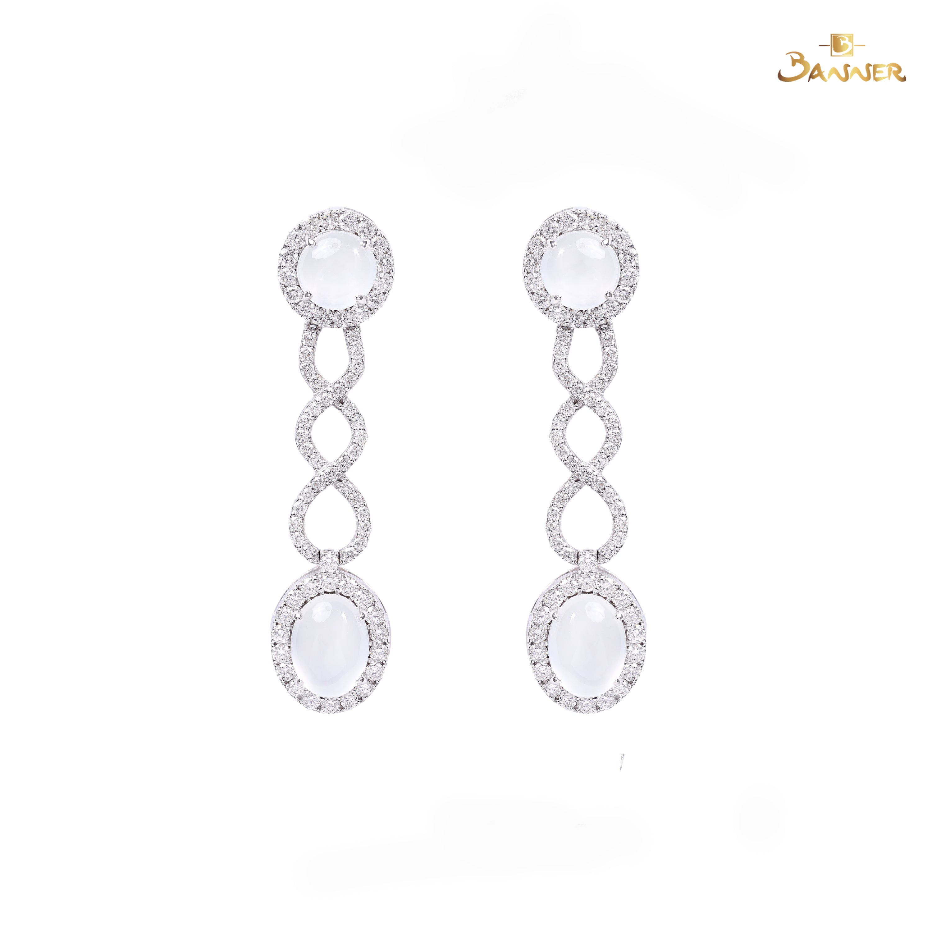 White Jade and Diamond Infinity Halo Dangle Earrings