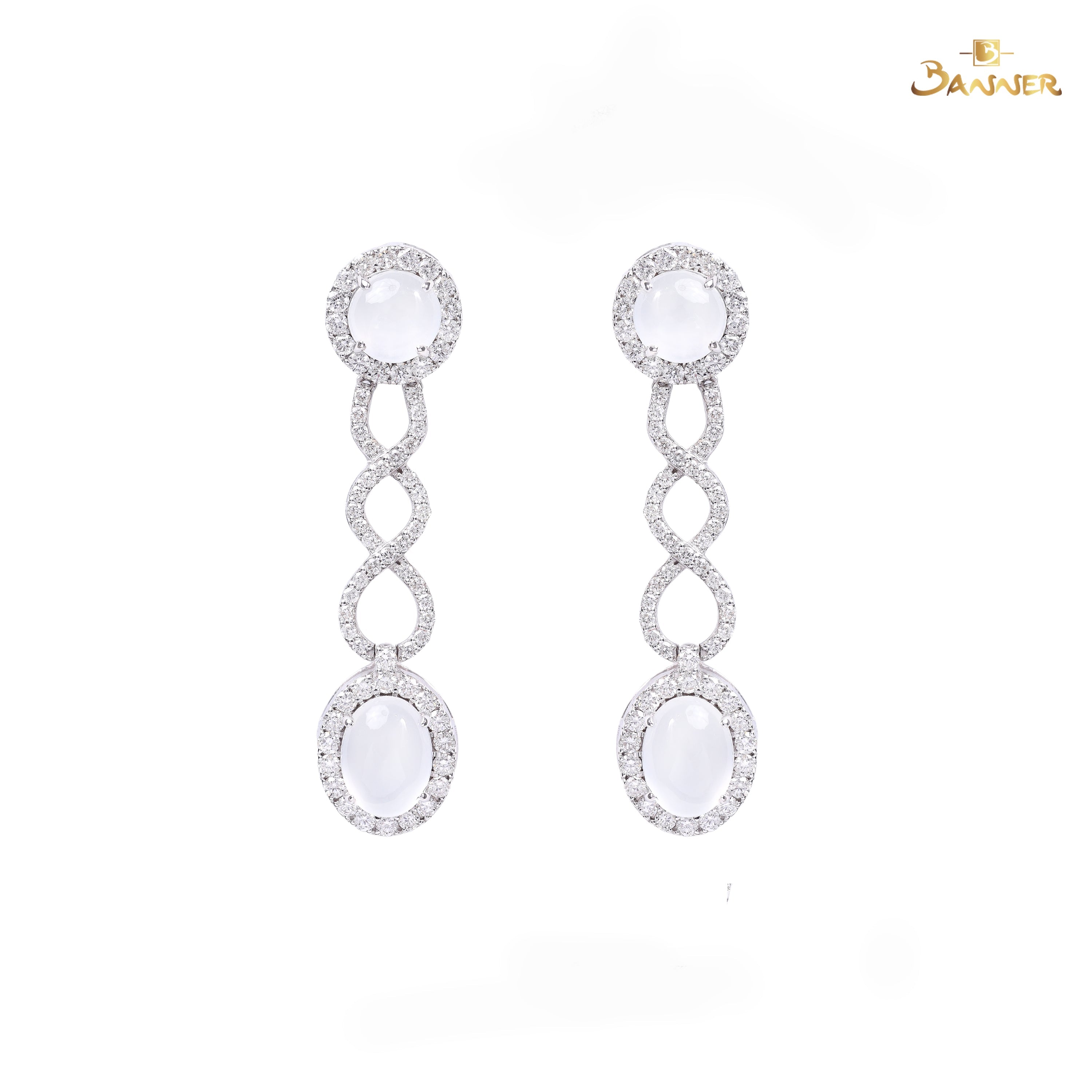 White Jade and Diamond Infinity Halo Dangle Earrings