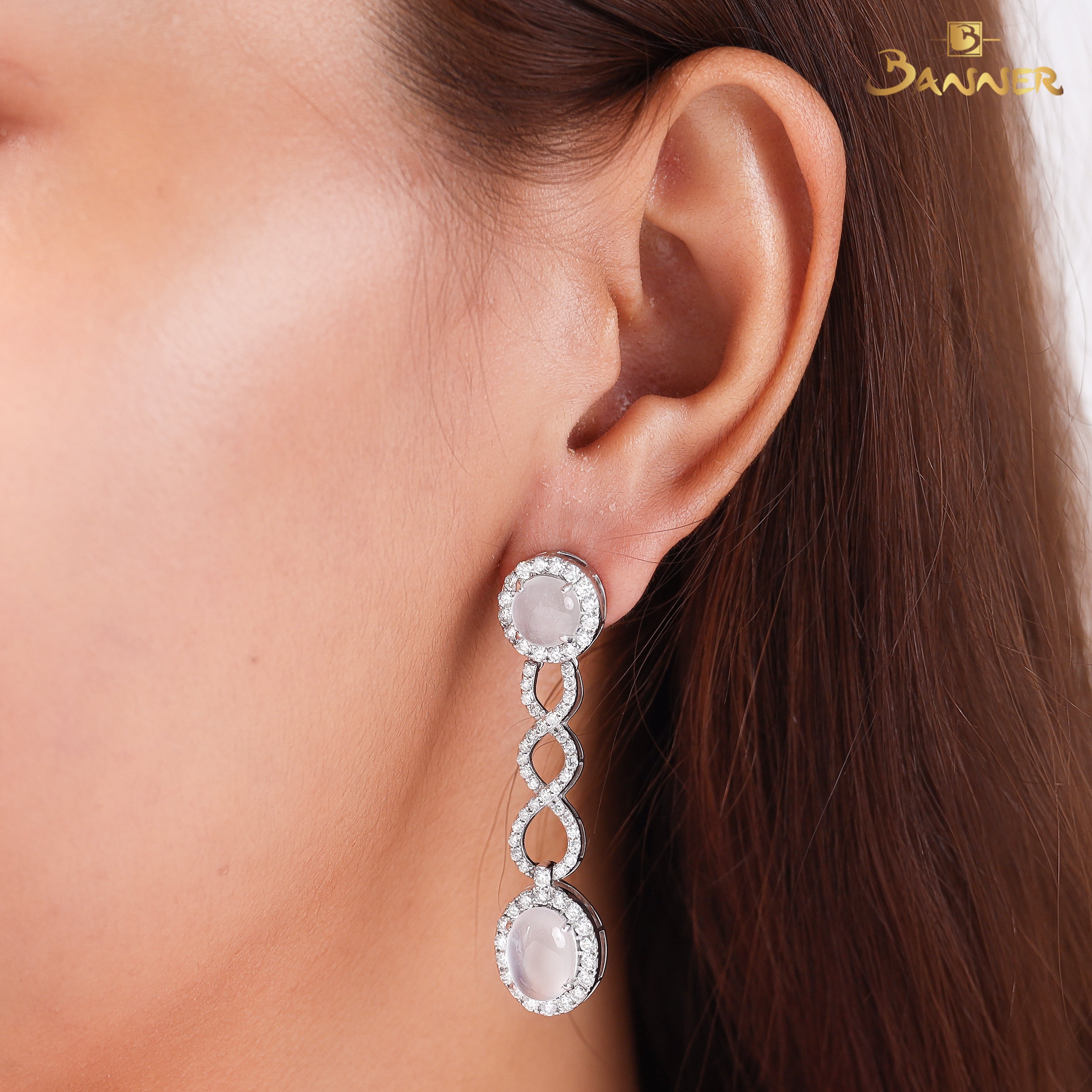 White Jade and Diamond Infinity Halo Dangle Earrings