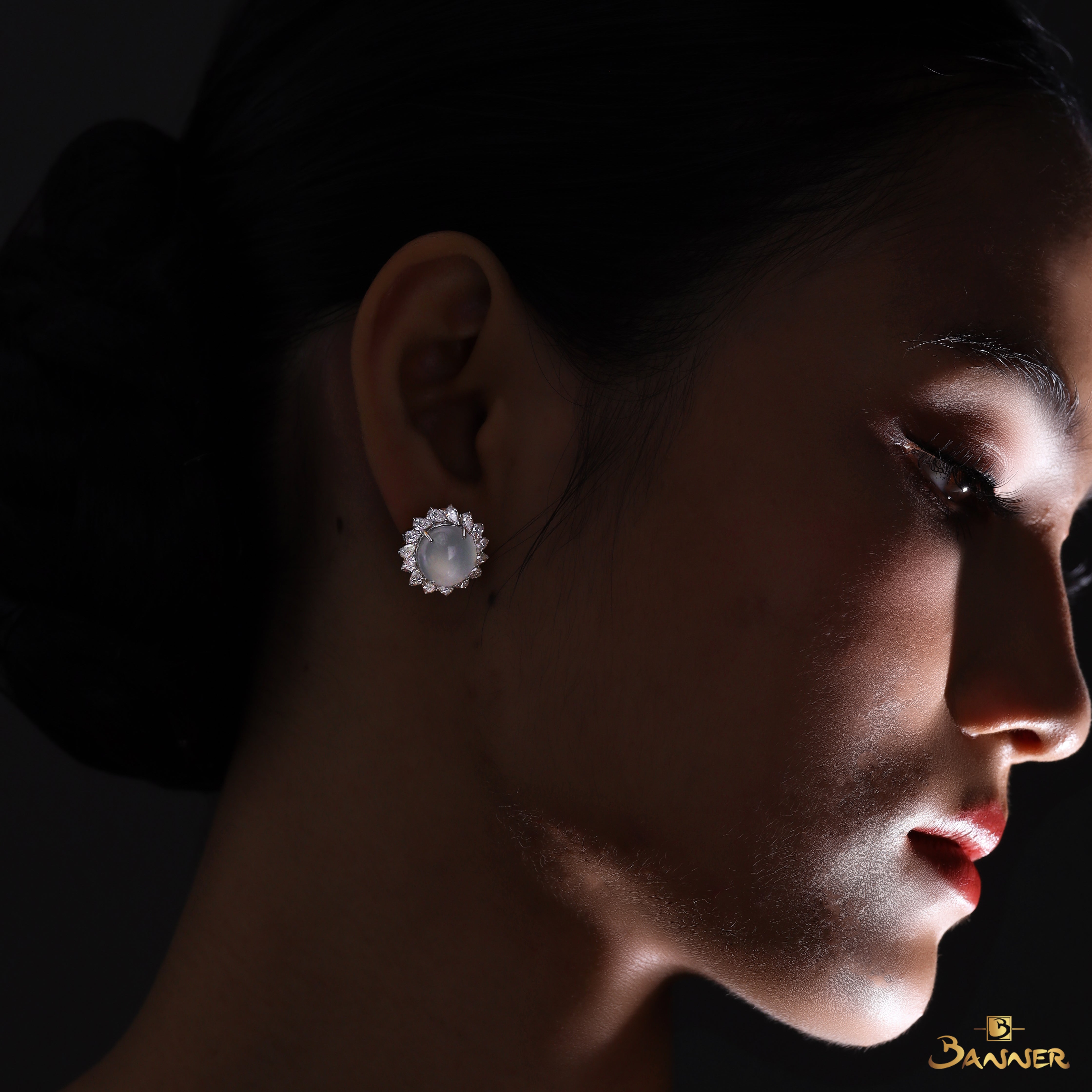 White Jade and Diamond Halo Earrings