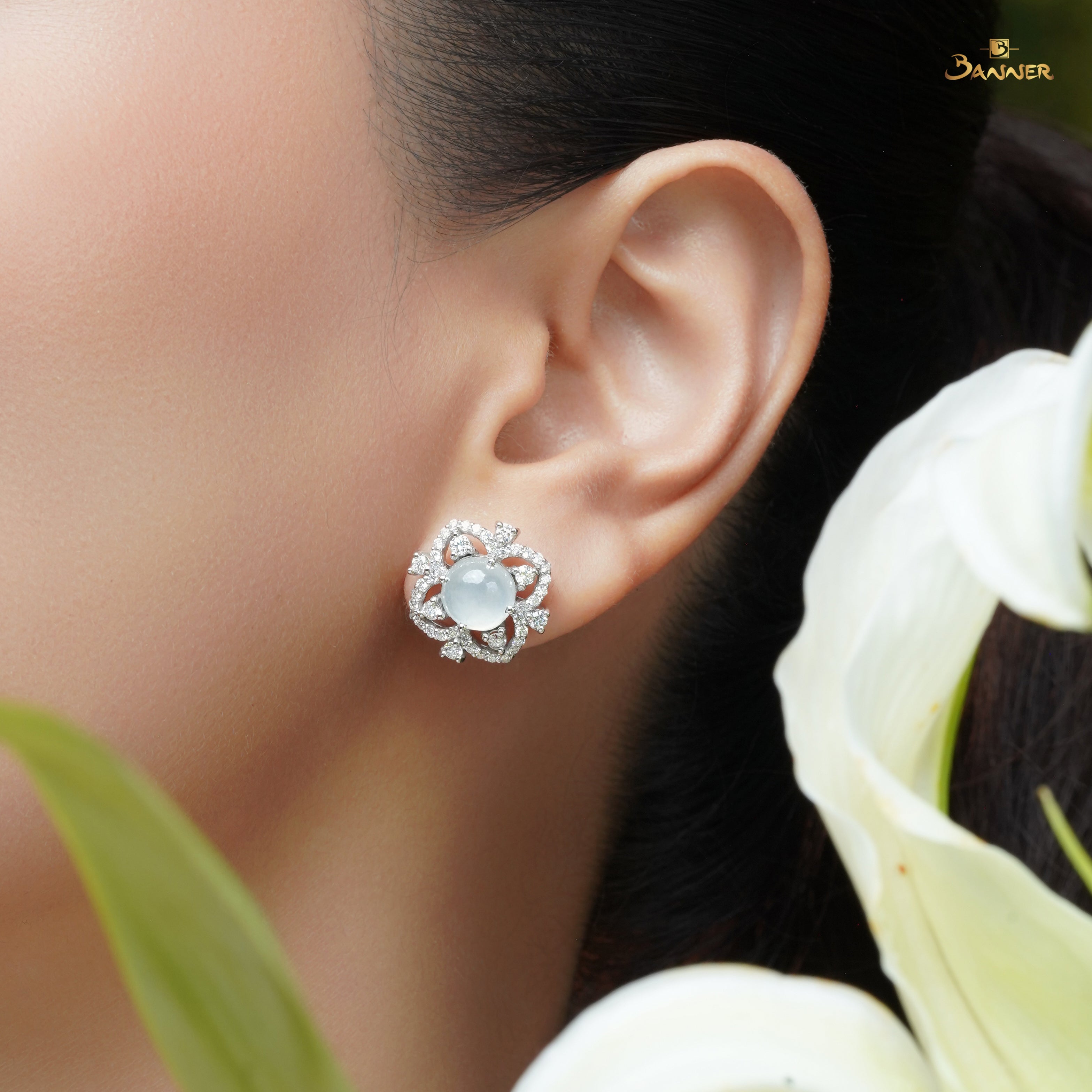 White Jade and Diamond Lotus Earrings
