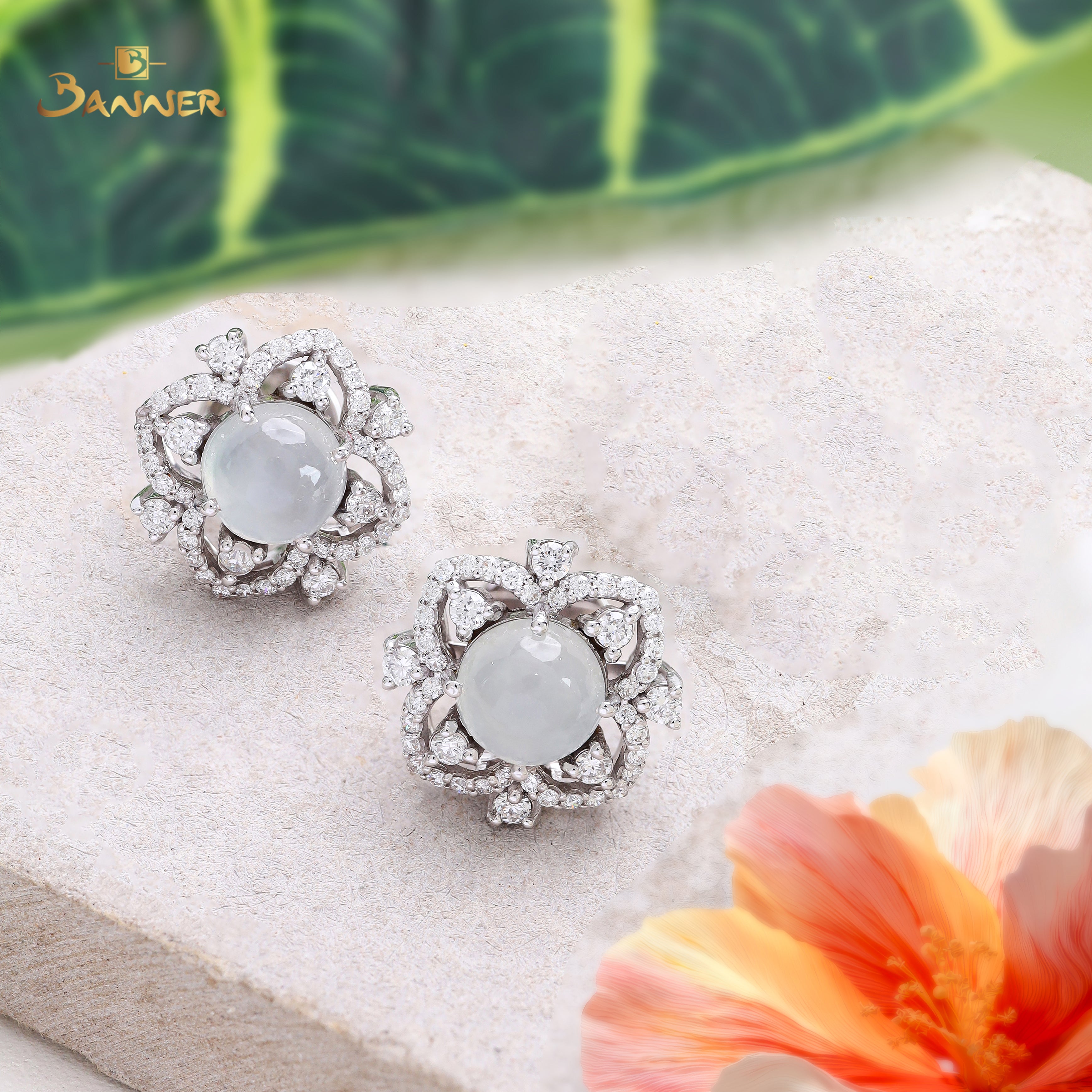 White Jade and Diamond Lotus Earrings