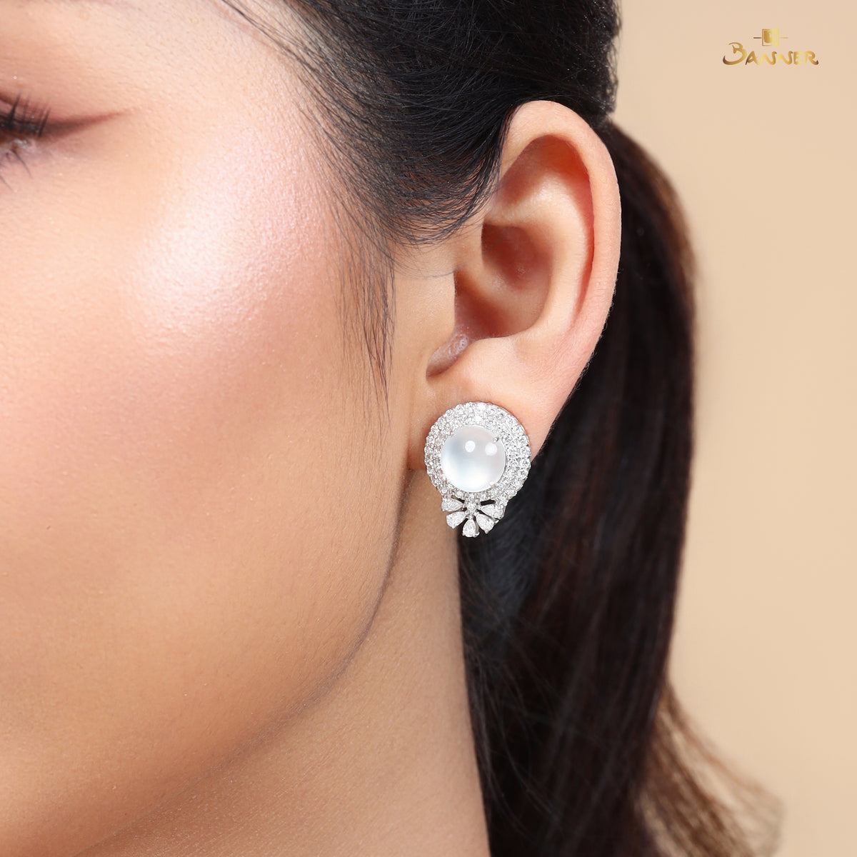 White Jade and Diamond Double Halo Earrings