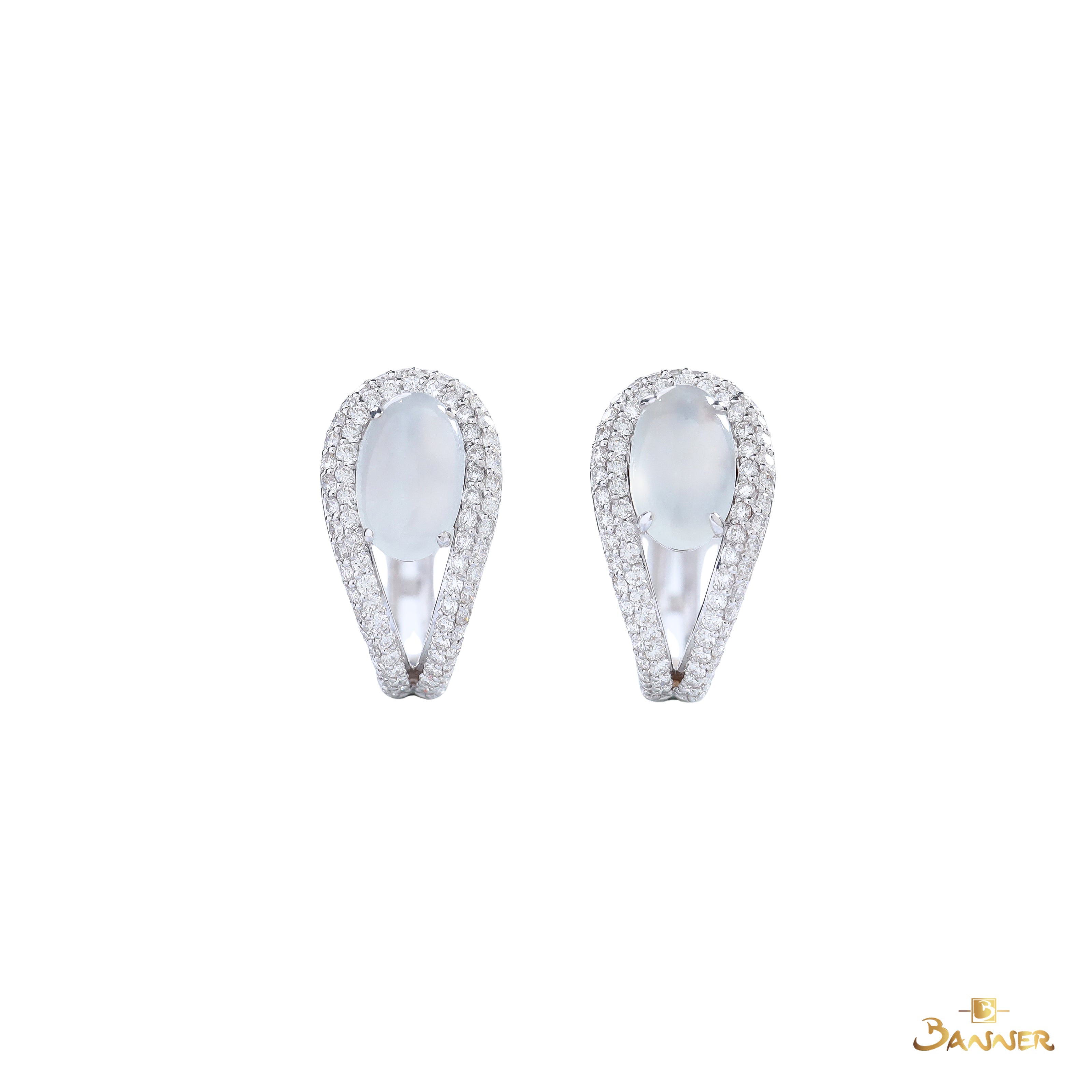 White Jade and Diamond Halo Drop Huggie Earrings