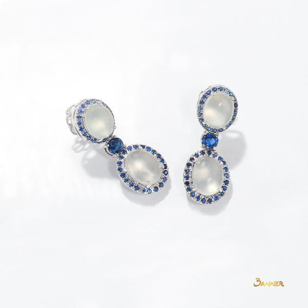 White Jade and Sapphire 2-step Dangle Halo Earrings