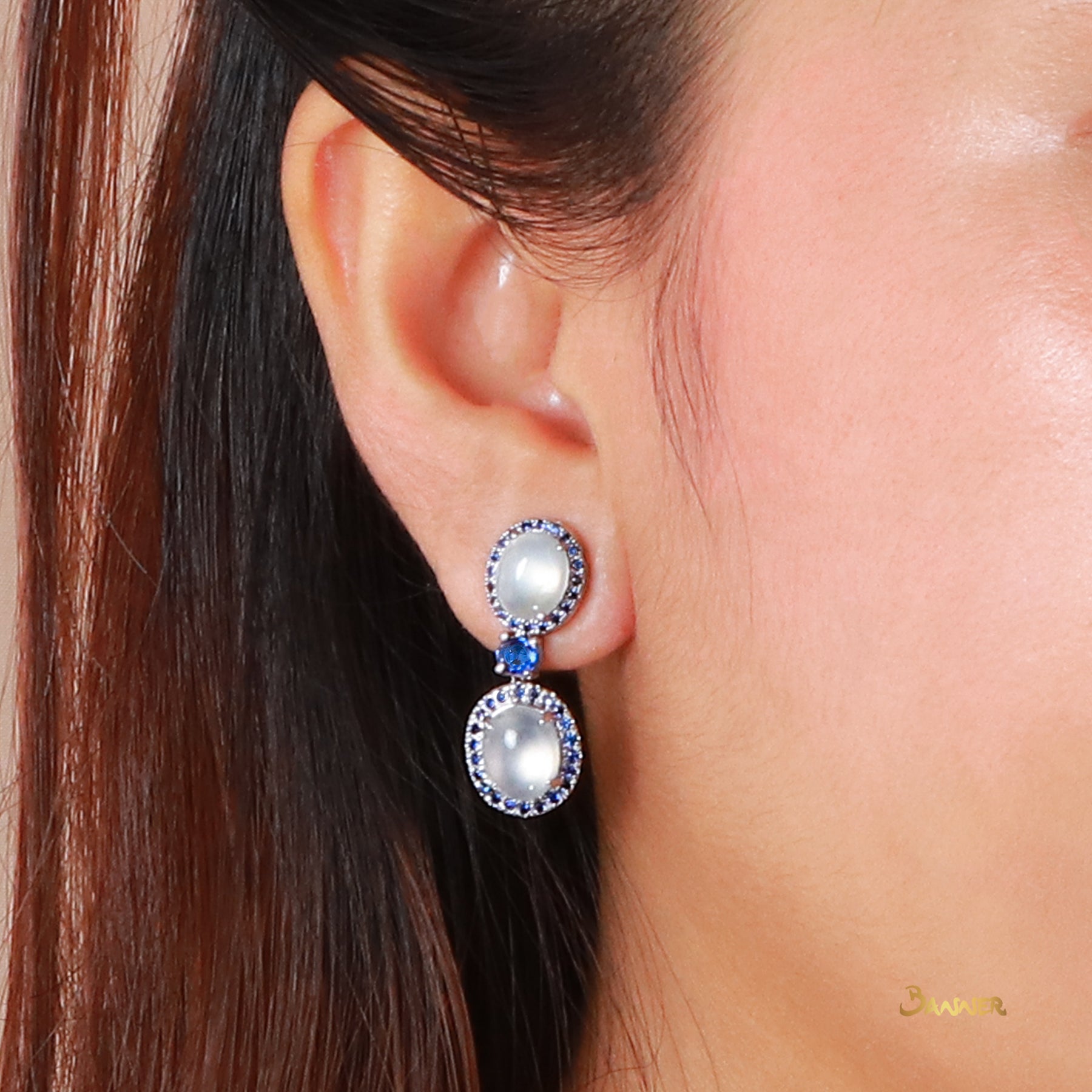 White Jade and Sapphire 2-step Dangle Halo Earrings