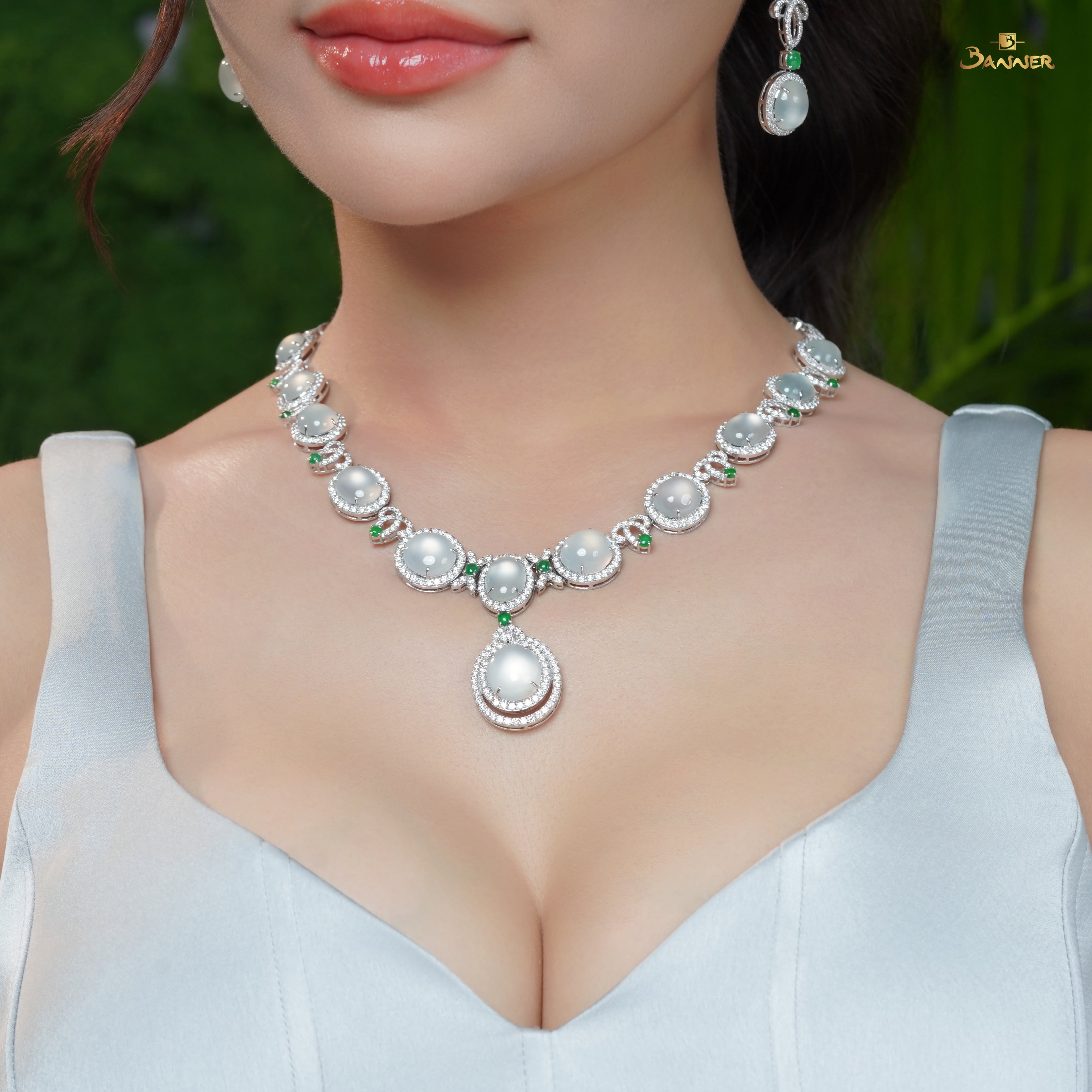 White Jade and Green Jade and Diamond Necklace