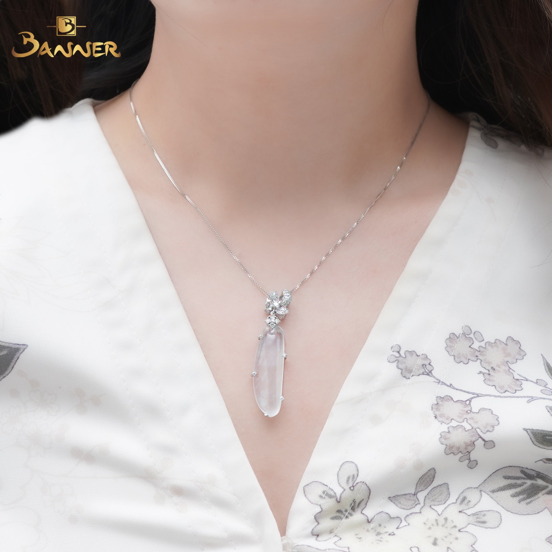 White Jade and Diamond Pendant