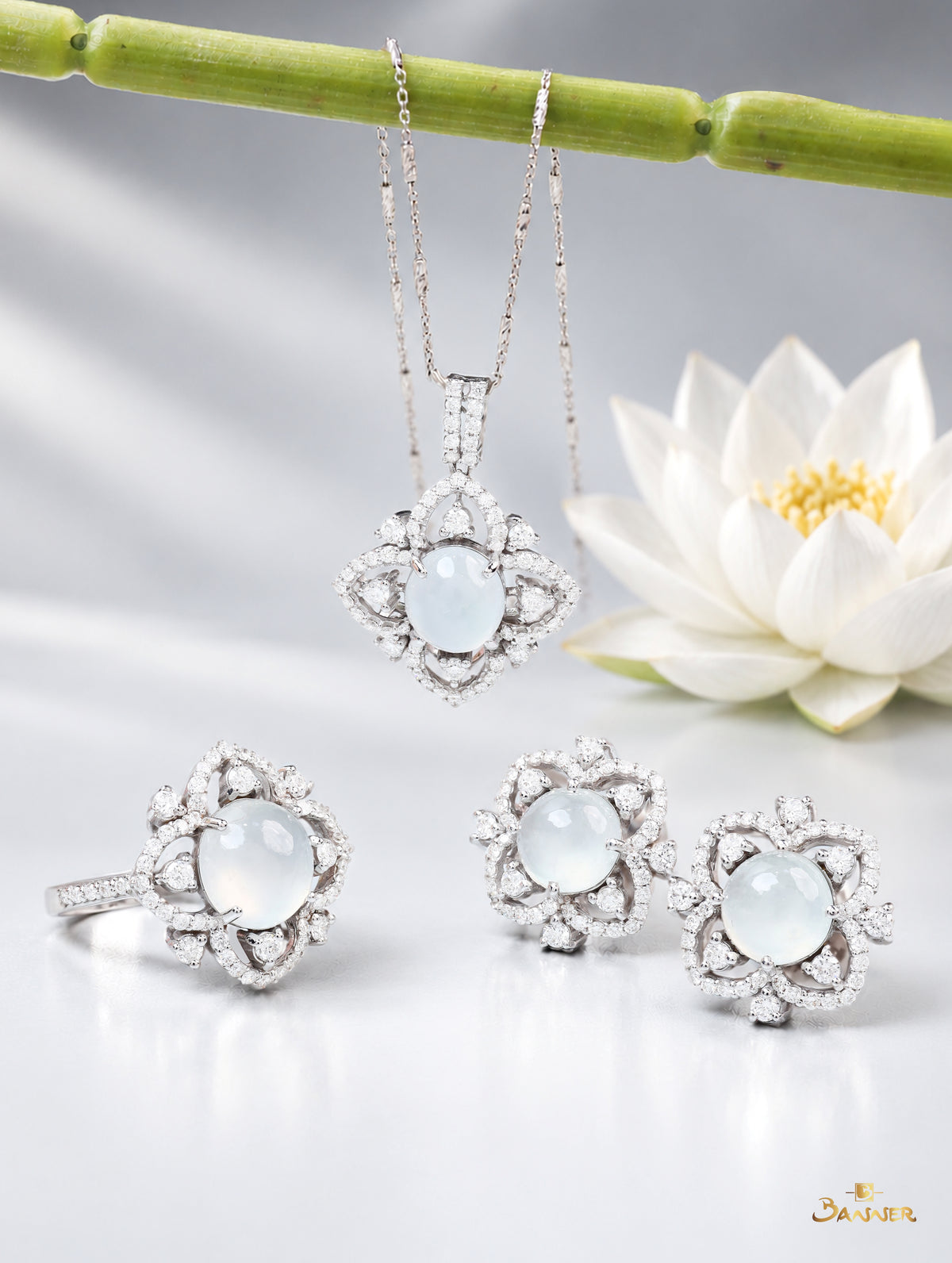 White Jade and Diamond Lotus Pendant