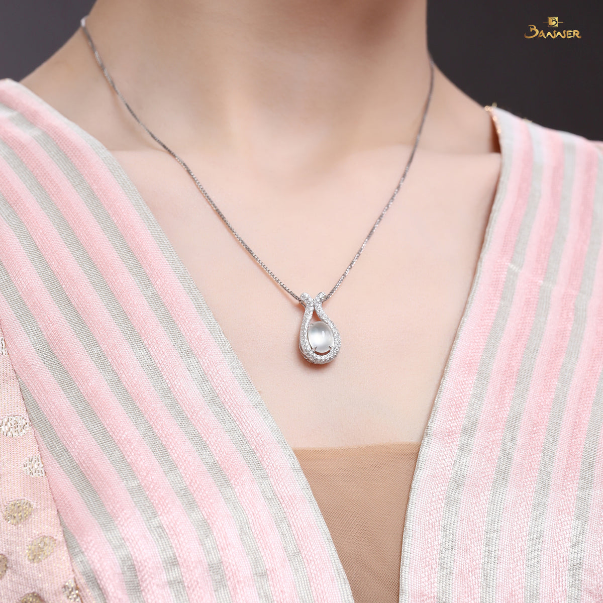 White Jade and Diamond Halo Drop Pendant