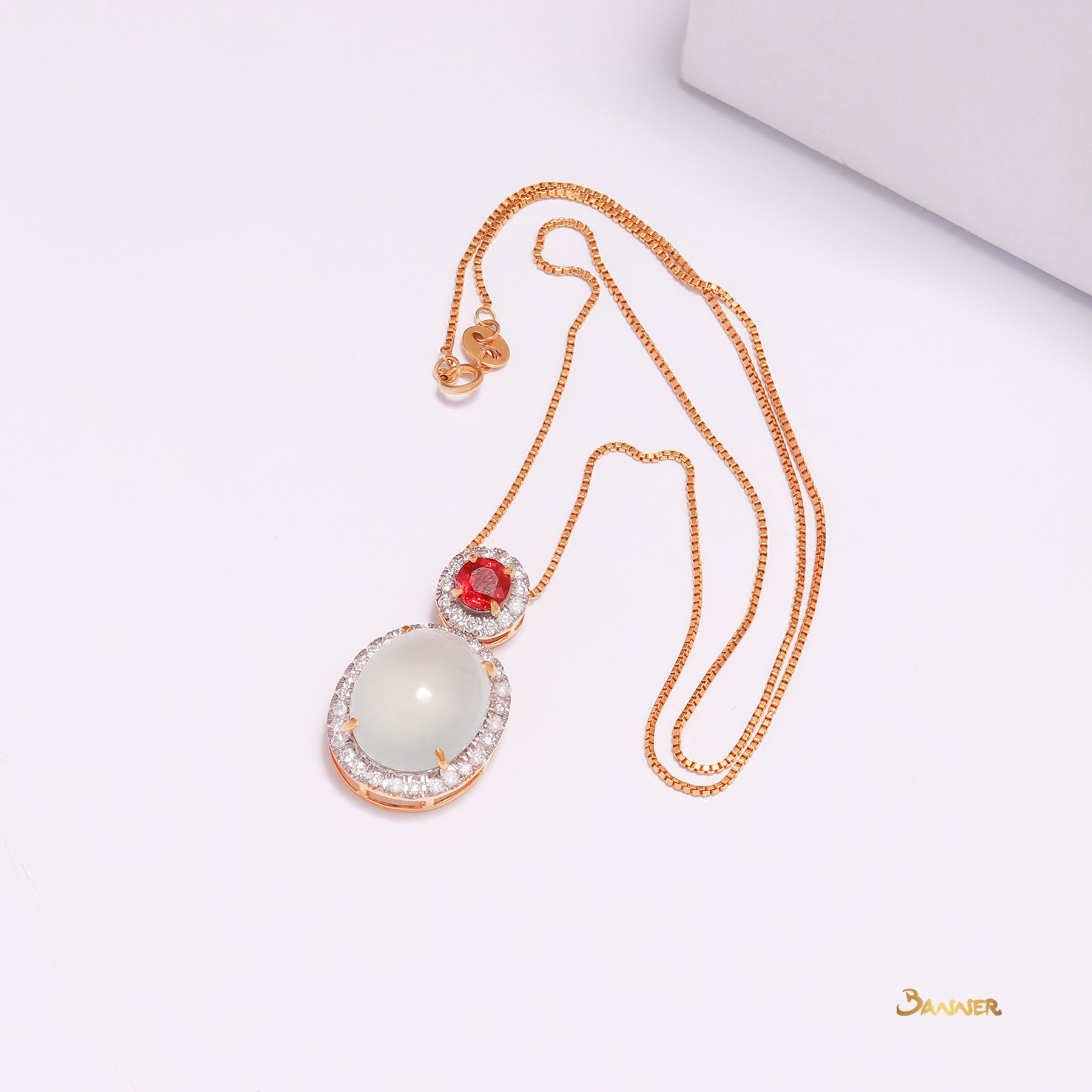 White Jade , Ruby and Diamond Halo Pendant