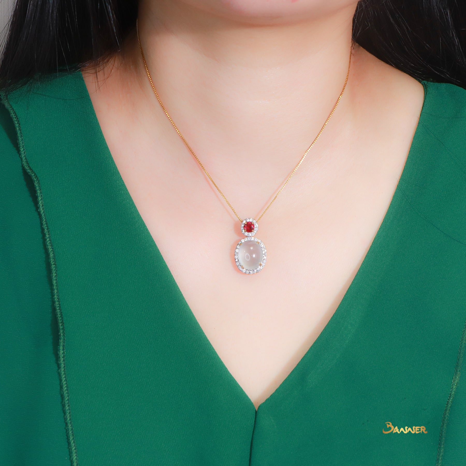 White Jade , Ruby and Diamond Halo Pendant