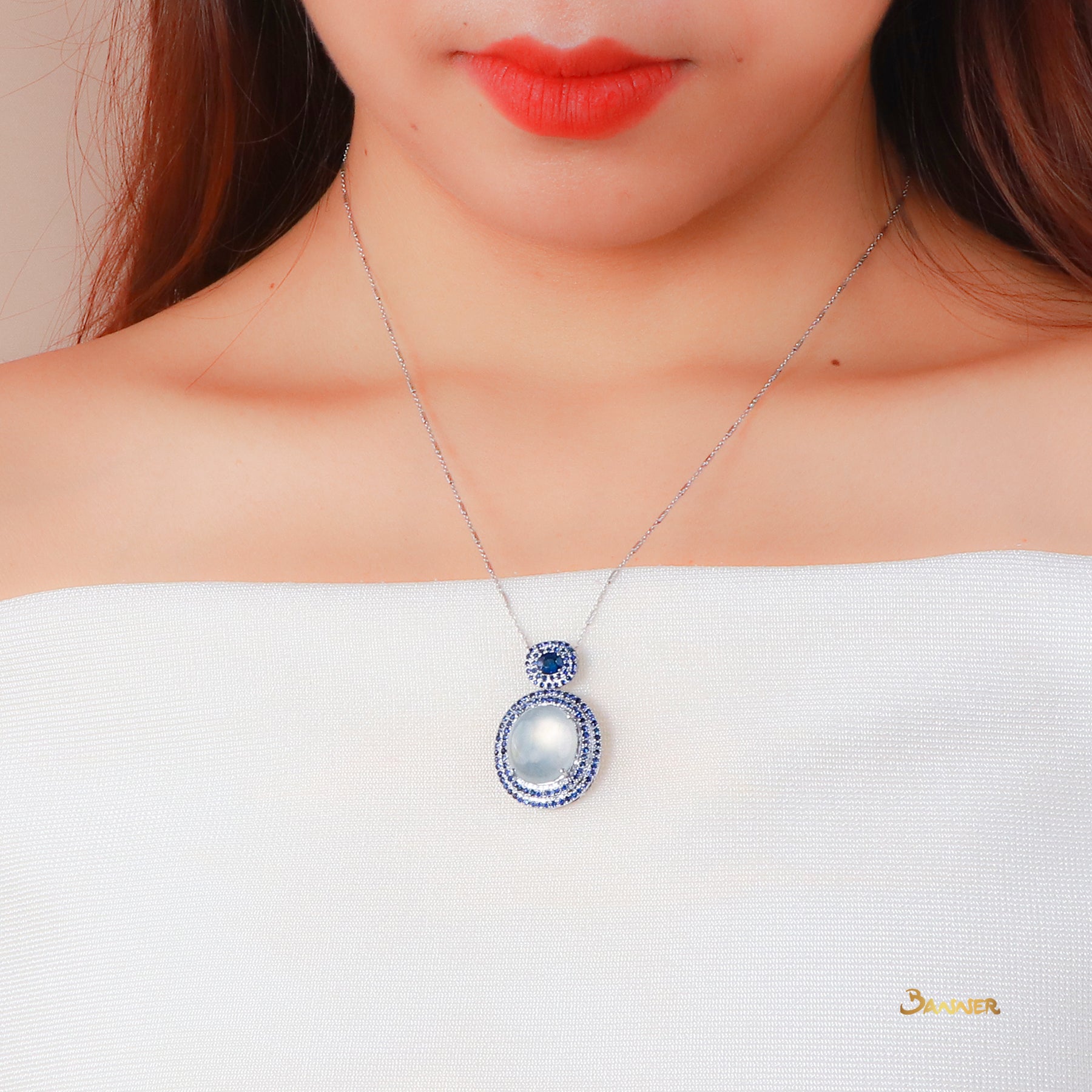 White Jade and Sapphire 2-step  Halo Pendant