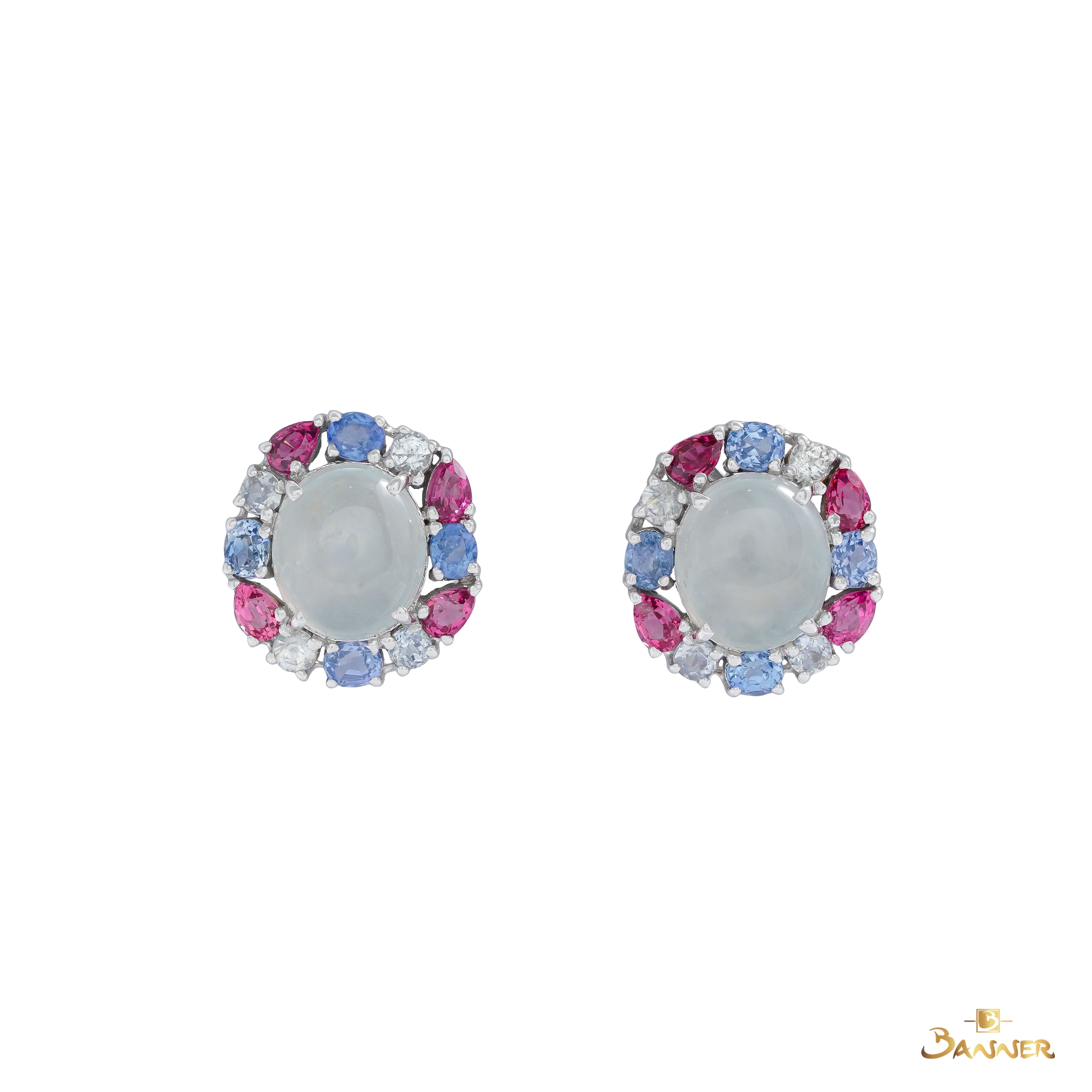 White Jade , Pink Spinel and Multi-color Sapphire Halo Earrings
