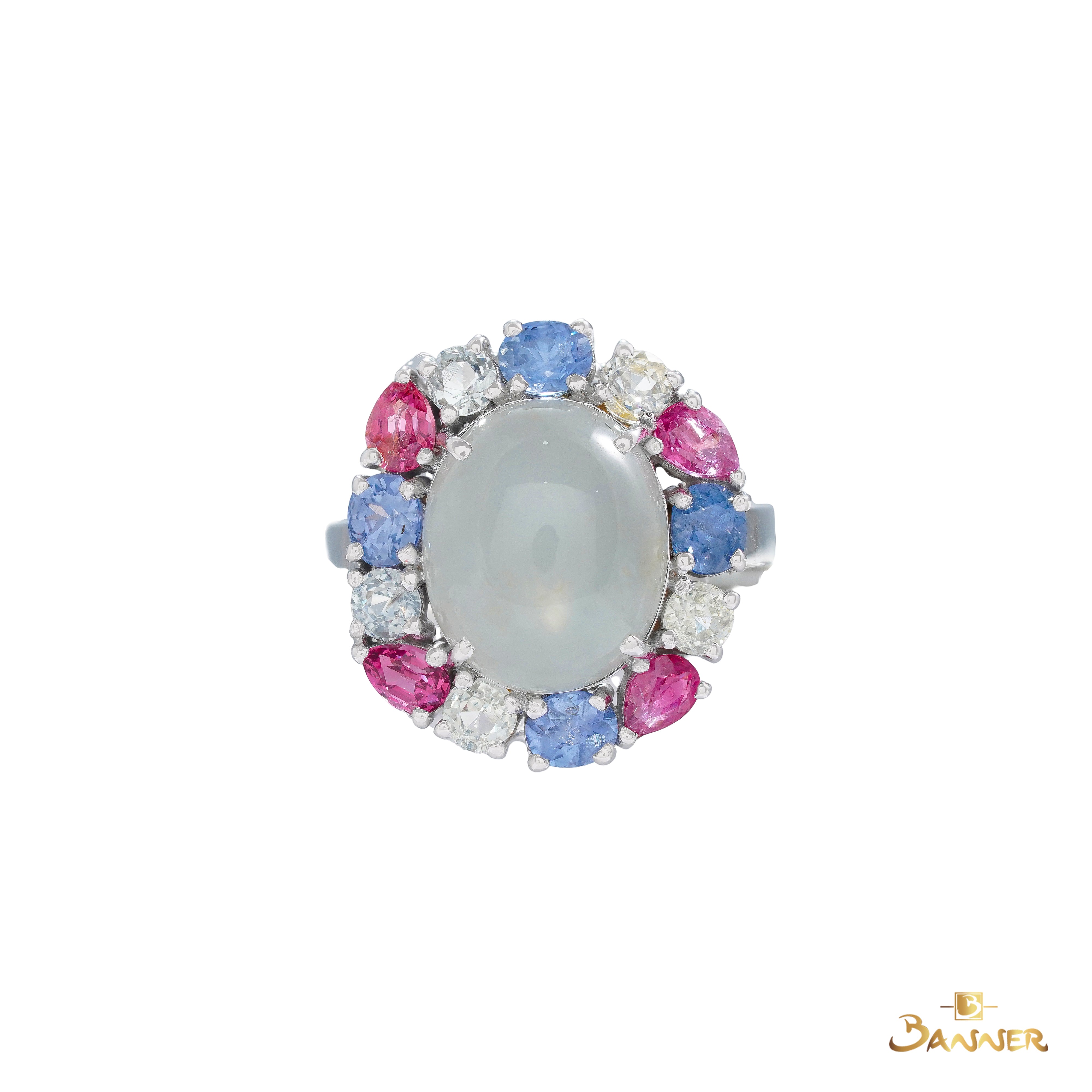 White Jade , Pink Spinel and Multi-color Sapphire Halo Ring