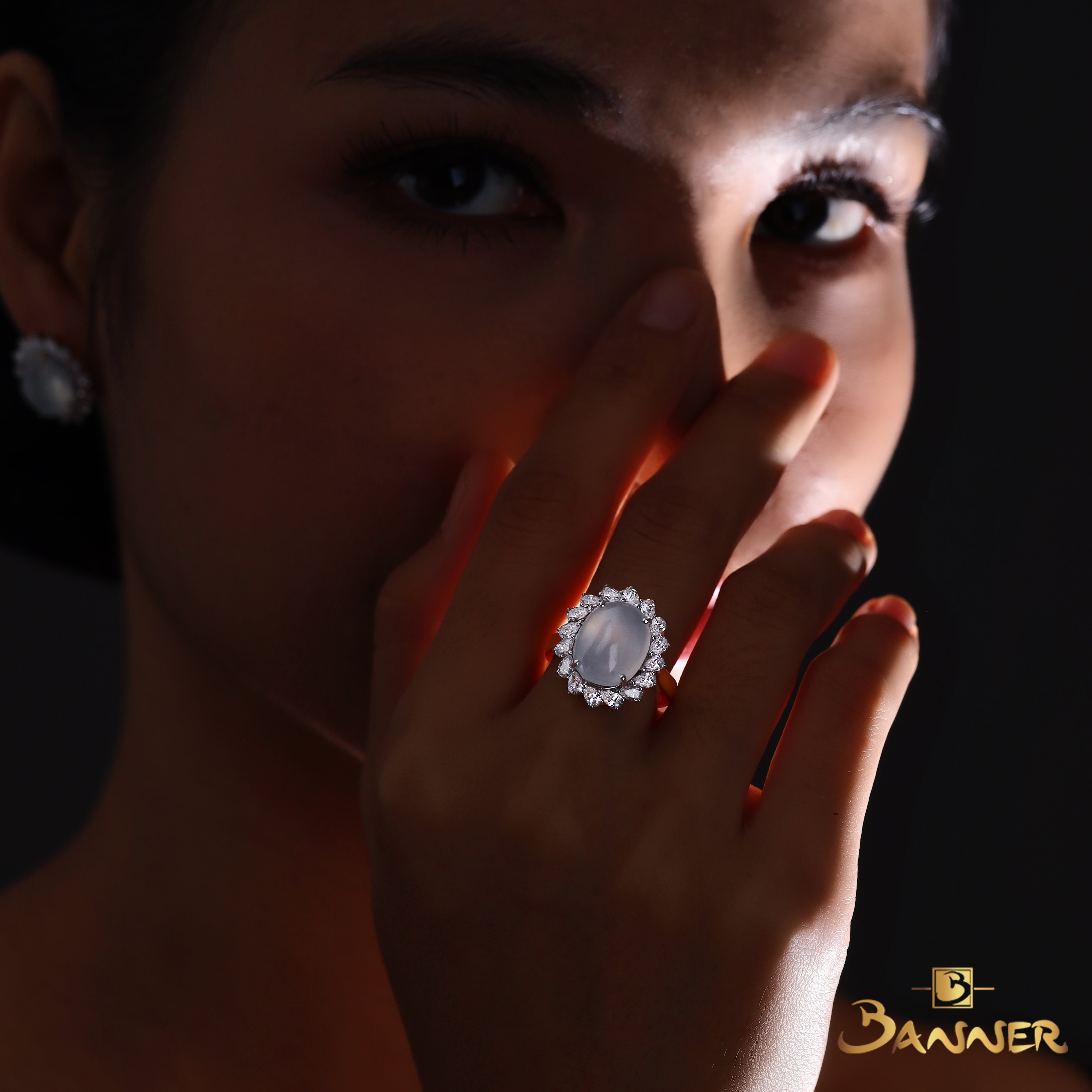 White Jade and Diamond Halo Ring